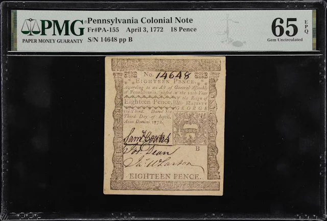 PA-155. Pennsylvania. April 3, 1772. 18 Pence. PMG Gem Uncirculated 65 EPQ.