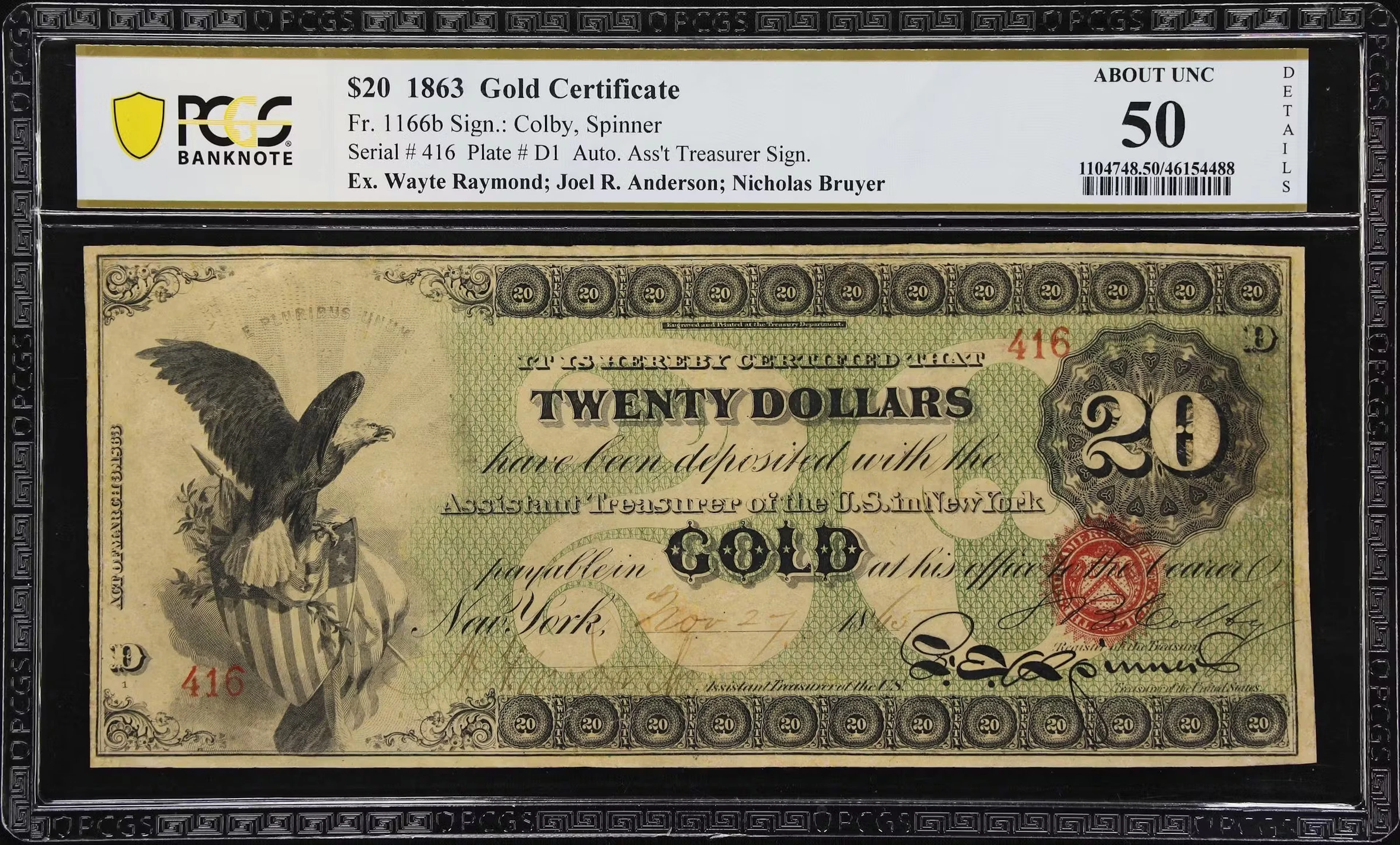 Fr. 1166b. 1863 $20 Gold Certificate. PCGS Banknote About Uncirculated