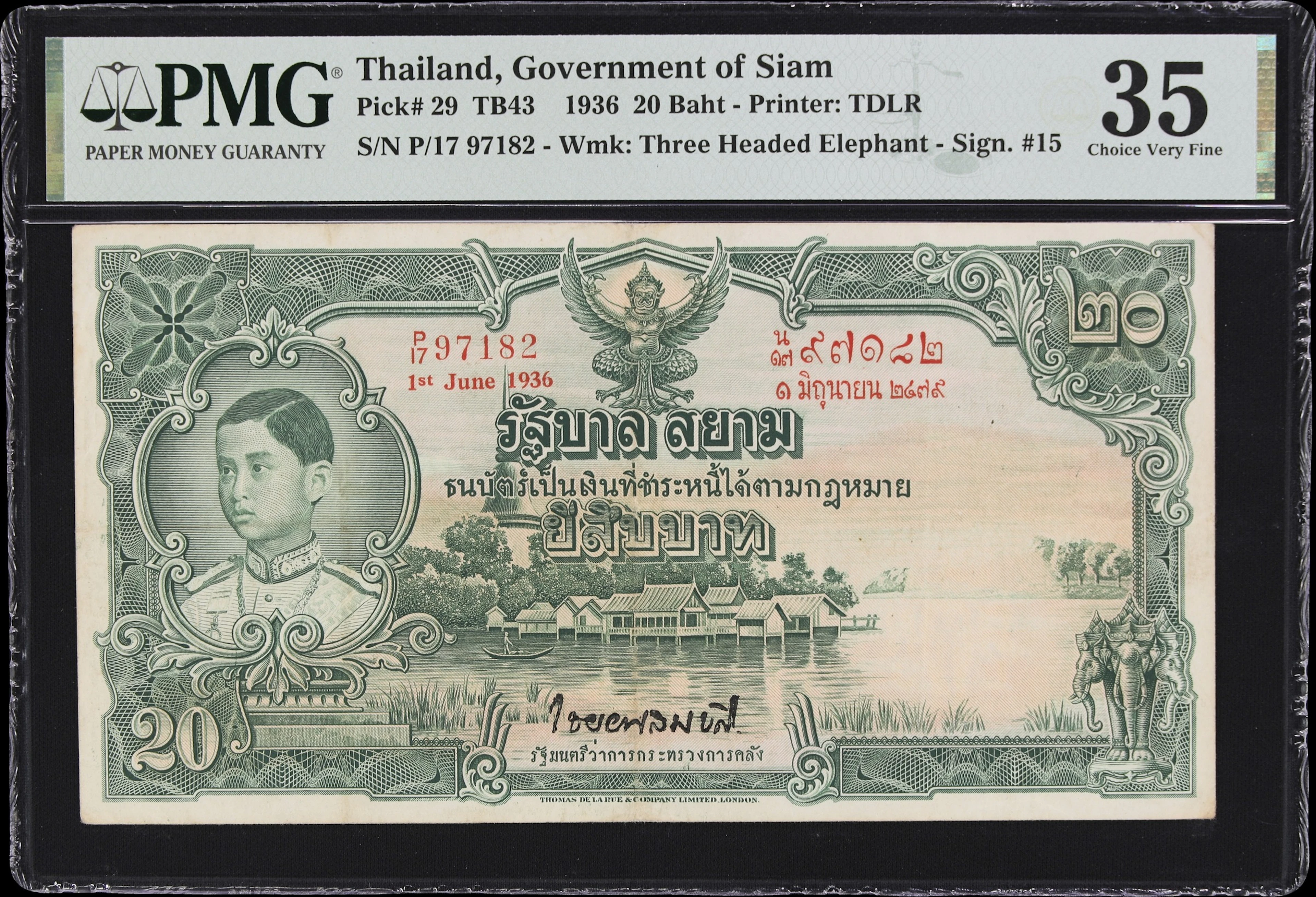 THAILAND. Government of Siam. 20 Baht, 1.6.1936. P-29. TB43. PMG Choice