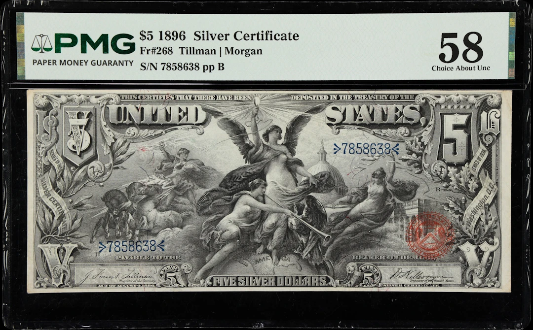 Fr. 268. 1896 $5 Silver Certificate. PMG Choice About Uncirculated 58.