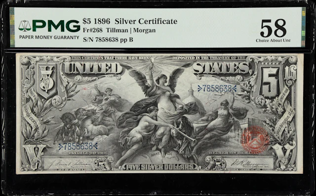 Fr. 268. 1896 $5 Silver Certificate. PMG Choice About Uncirculated 58.