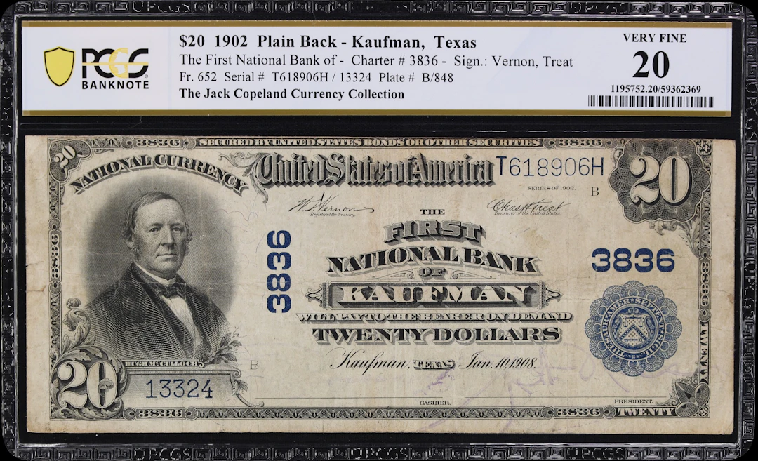 Kaufman, Texas. $20 1902 Plain Back. Fr. 652. First NB. Charter #3836.