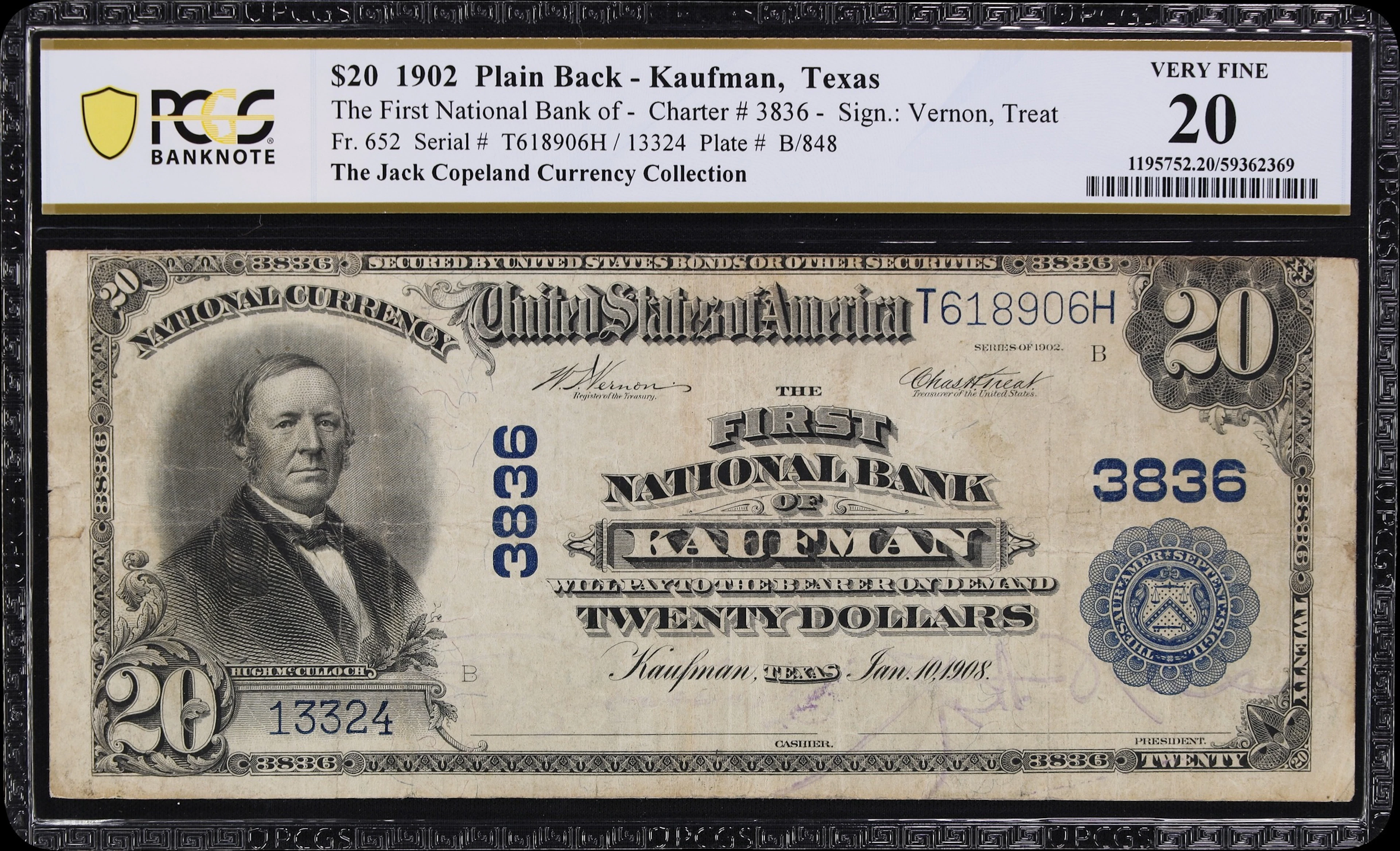 Kaufman, Texas. $20 1902 Plain Back. Fr. 652. First NB. Charter #3836.