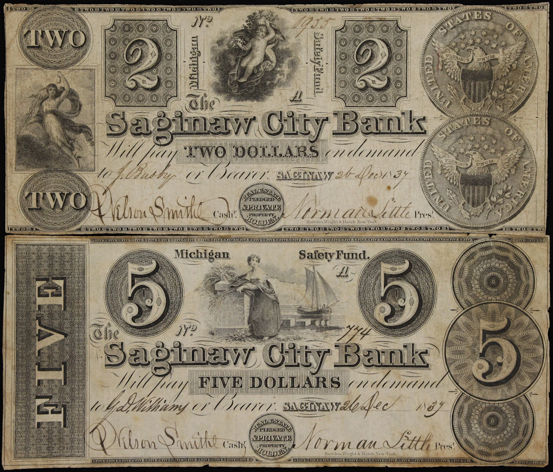 Lot of (2) Saginaw, Michigan. Saginaw City Bank. 1839 $2 & $5. Fine