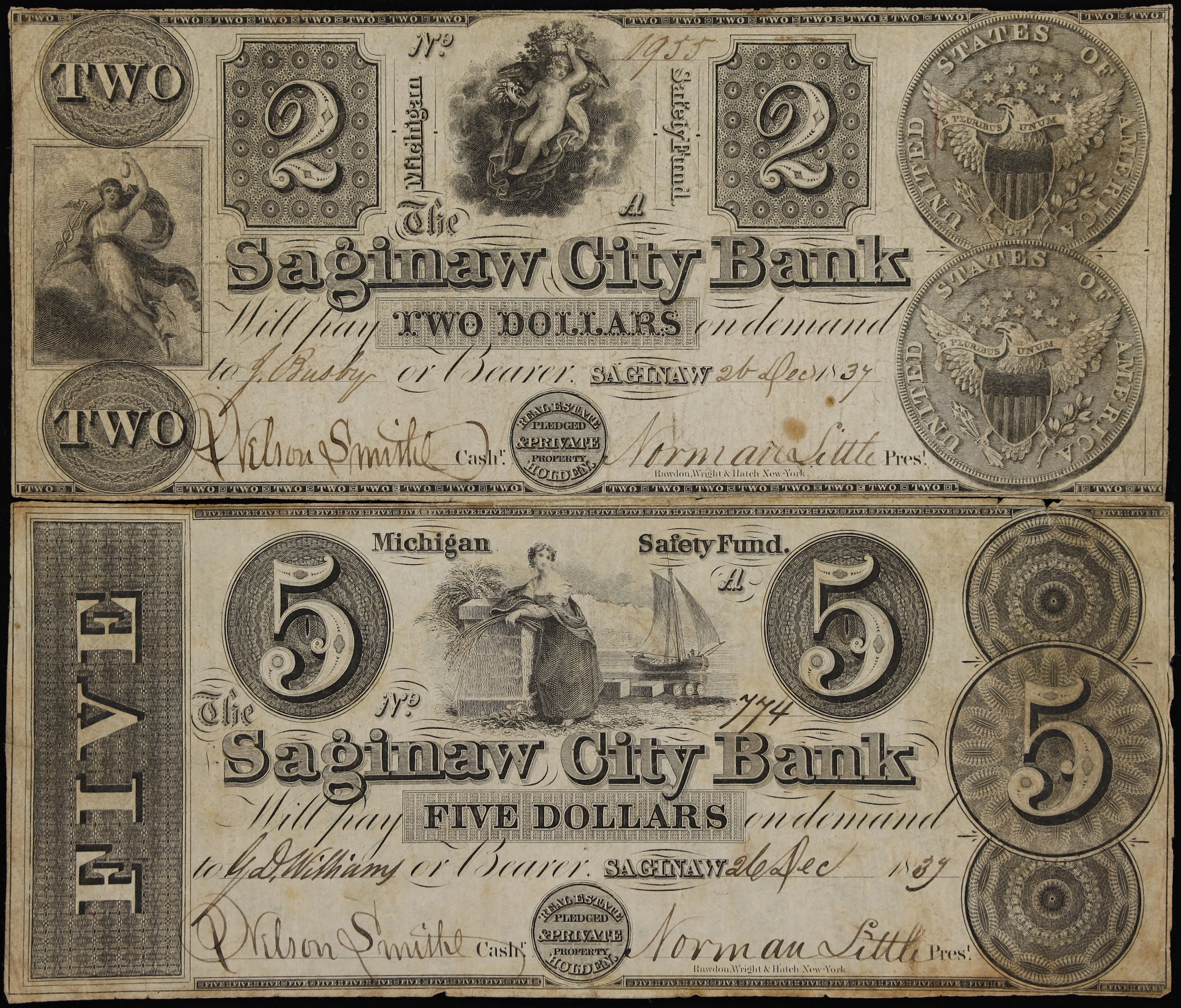 Lot of (2) Saginaw, Michigan. Saginaw City Bank. 1839 $2 & $5. Fine