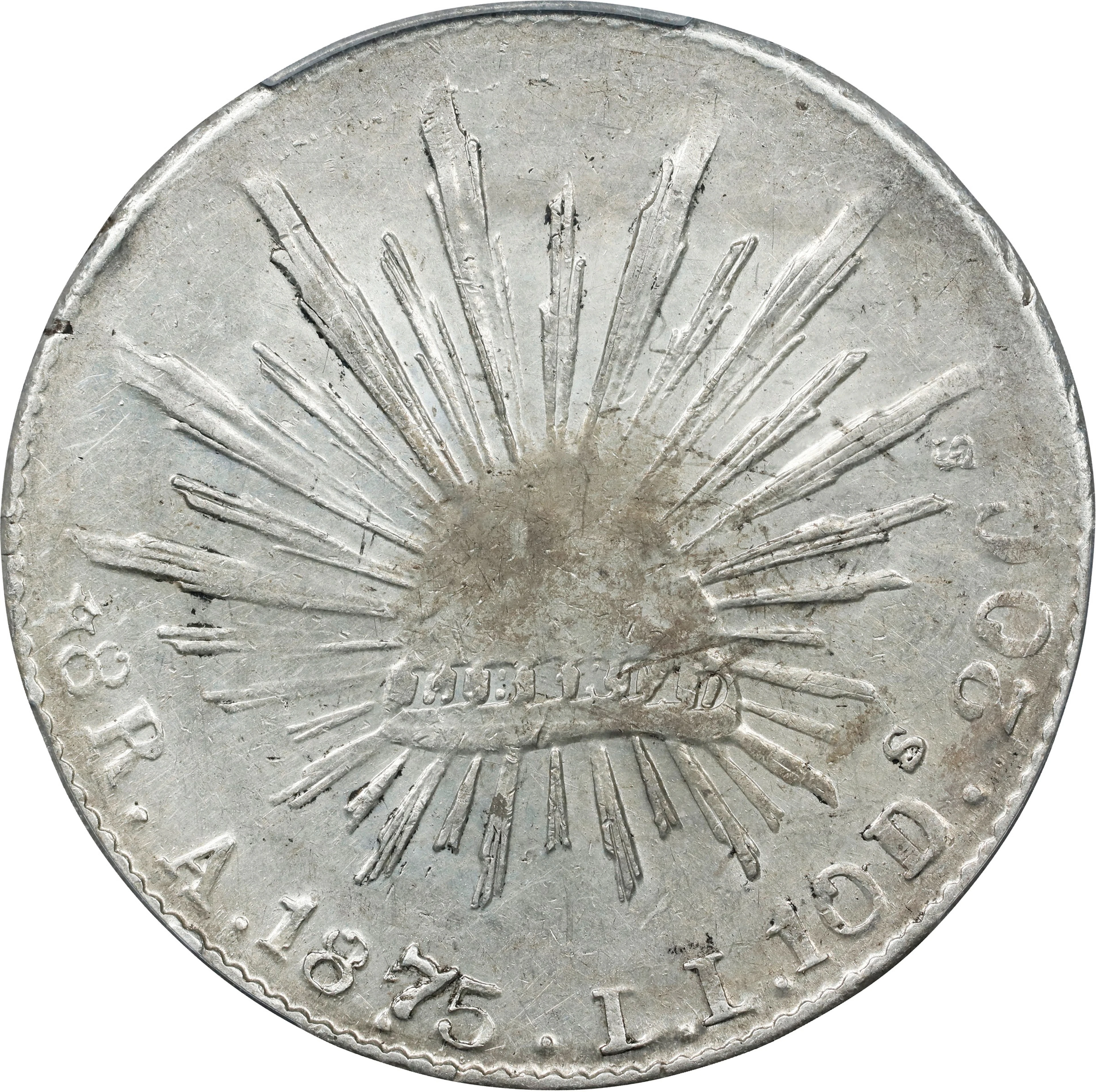 MEXICO. 8 Reales, 1875-A DL. Alamos Mint. PCGS AU-55.
