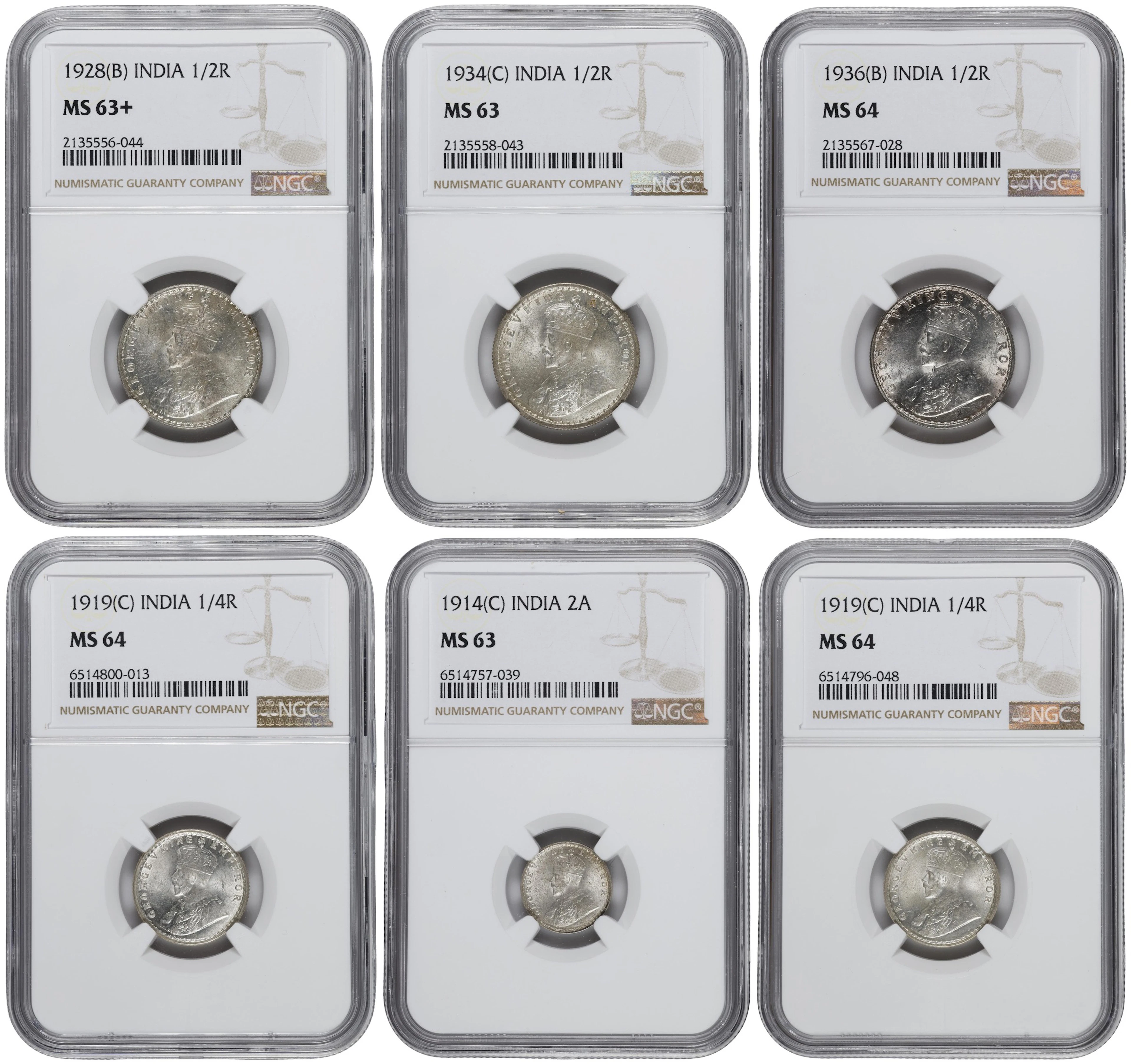 INDIA. Sextet of Silver Denominations (6 Pieces), 1914-36. George