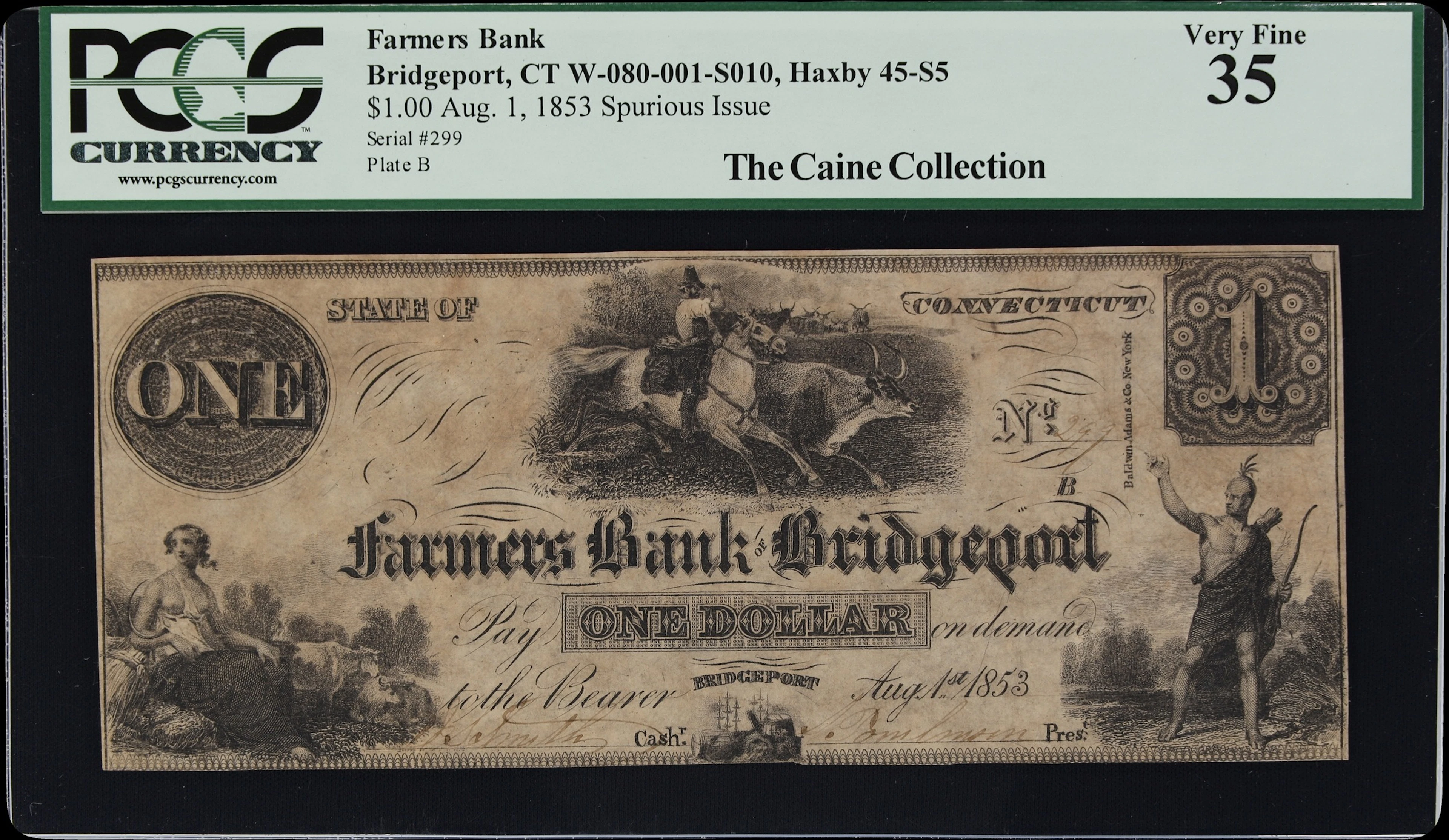 Bridgeport, Connecticut. Farmers Bank. 1853 $1. PCGS Currency Very