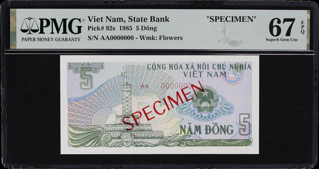 VIETNAM. State Bank of Vietnam. 5 Dong, 1985. P-92s. Specimen. PMG