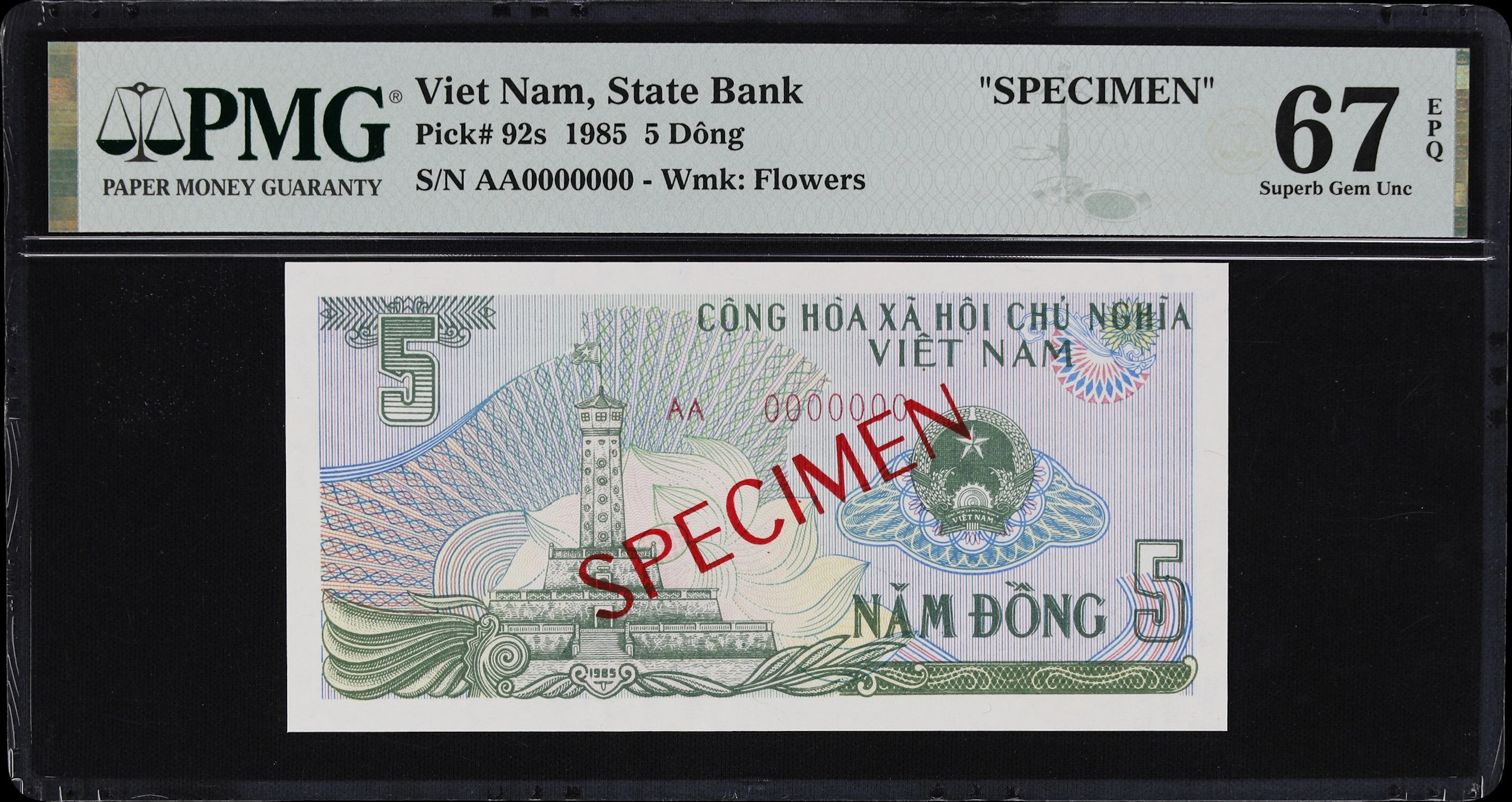 VIETNAM. State Bank of Vietnam. 5 Dong, 1985. P-92s. Specimen. PMG