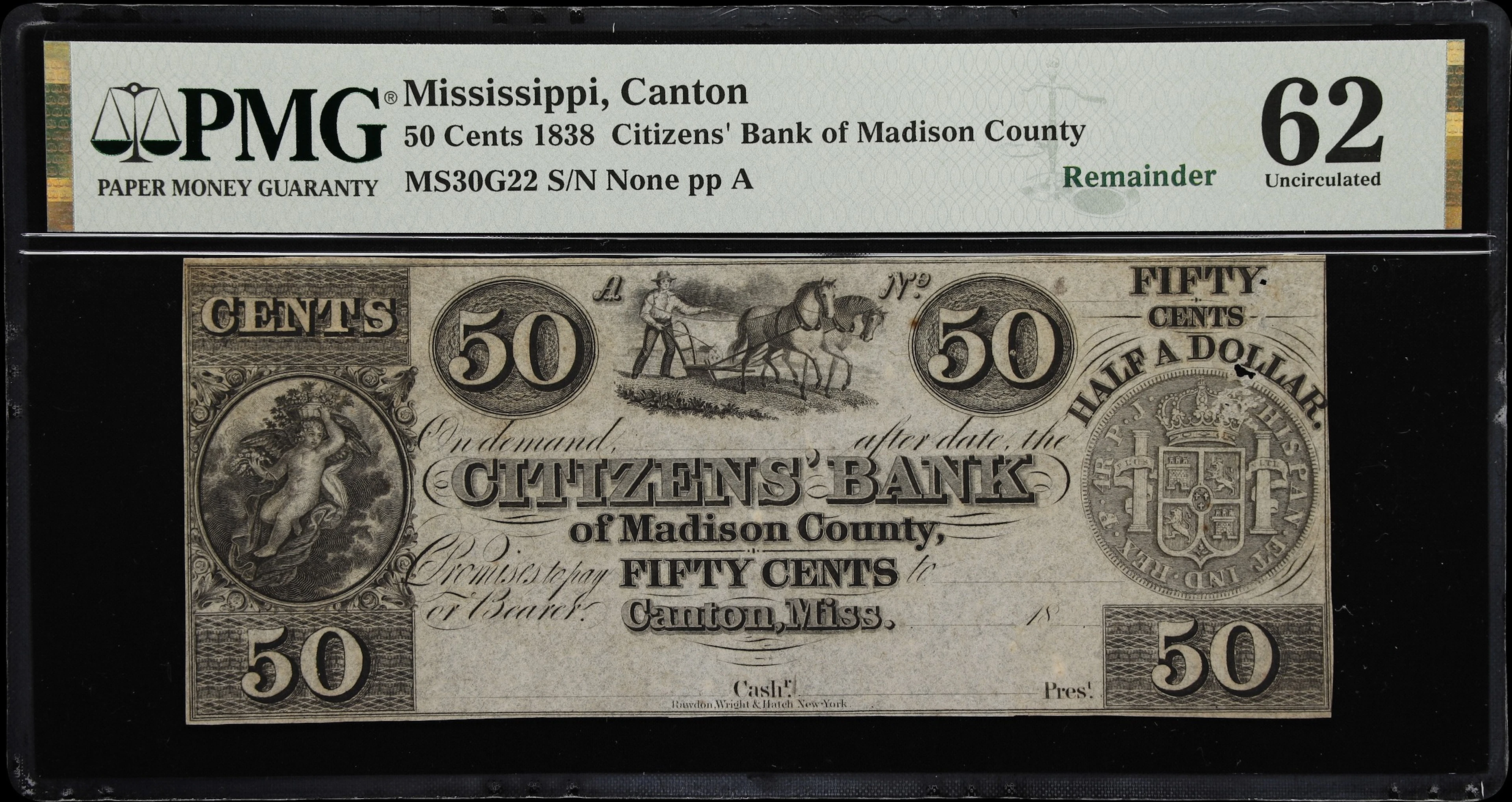 Canton, Mississippi. Citizens' Bank of Madison County. 18xx 50 Cents.