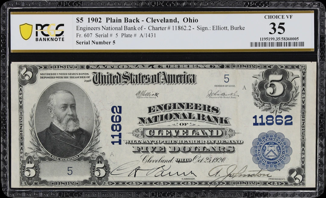 Cleveland, Ohio. $5 1902 Plain Back. Fr. 607. Engineers NB. Charter