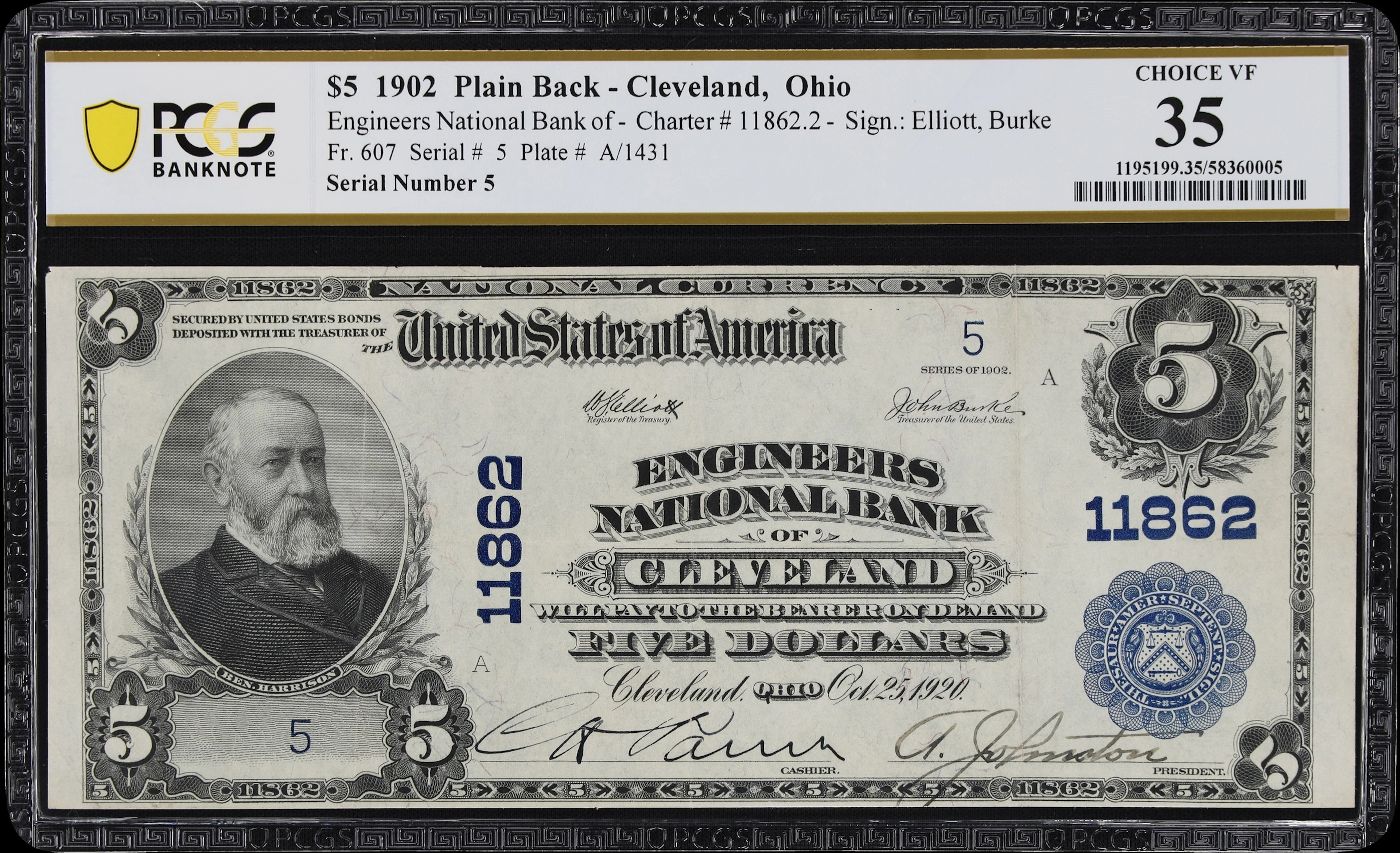 Cleveland, Ohio. $5 1902 Plain Back. Fr. 607. Engineers NB. Charter