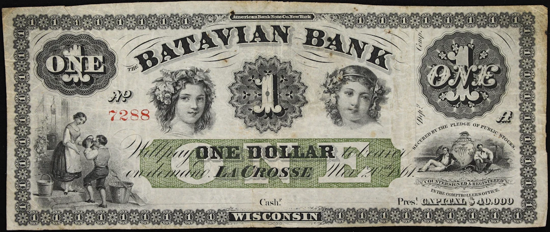 La Crosse, Wisconsin. Batavian Bank. 1861 $1. Very Fine. Remainder.