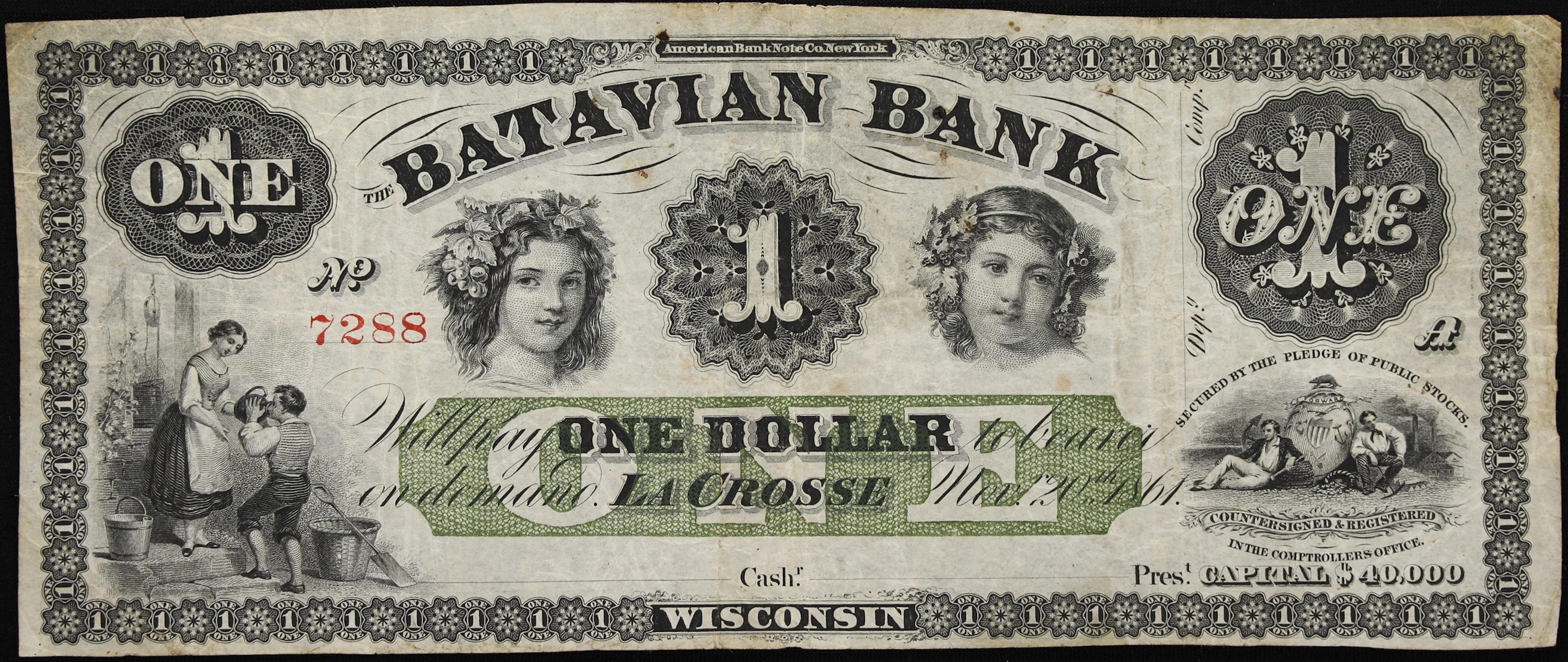 La Crosse, Wisconsin. Batavian Bank. 1861 $1. Very Fine. Remainder.