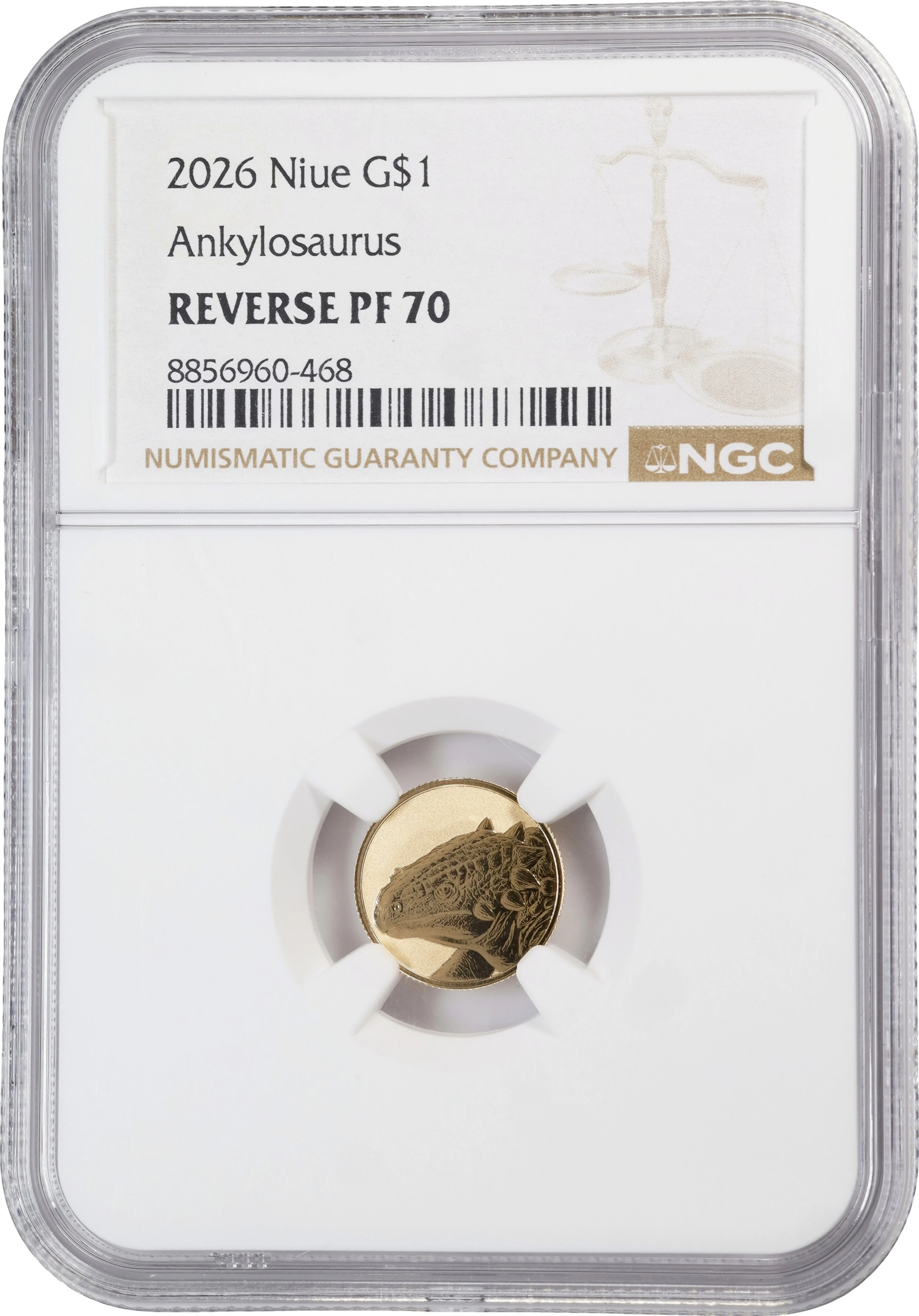 (0.032 oz, 1 g AGW). Niue. 2026 Ankylosaurus Gold $1. Reverse PF-70 (NGC).