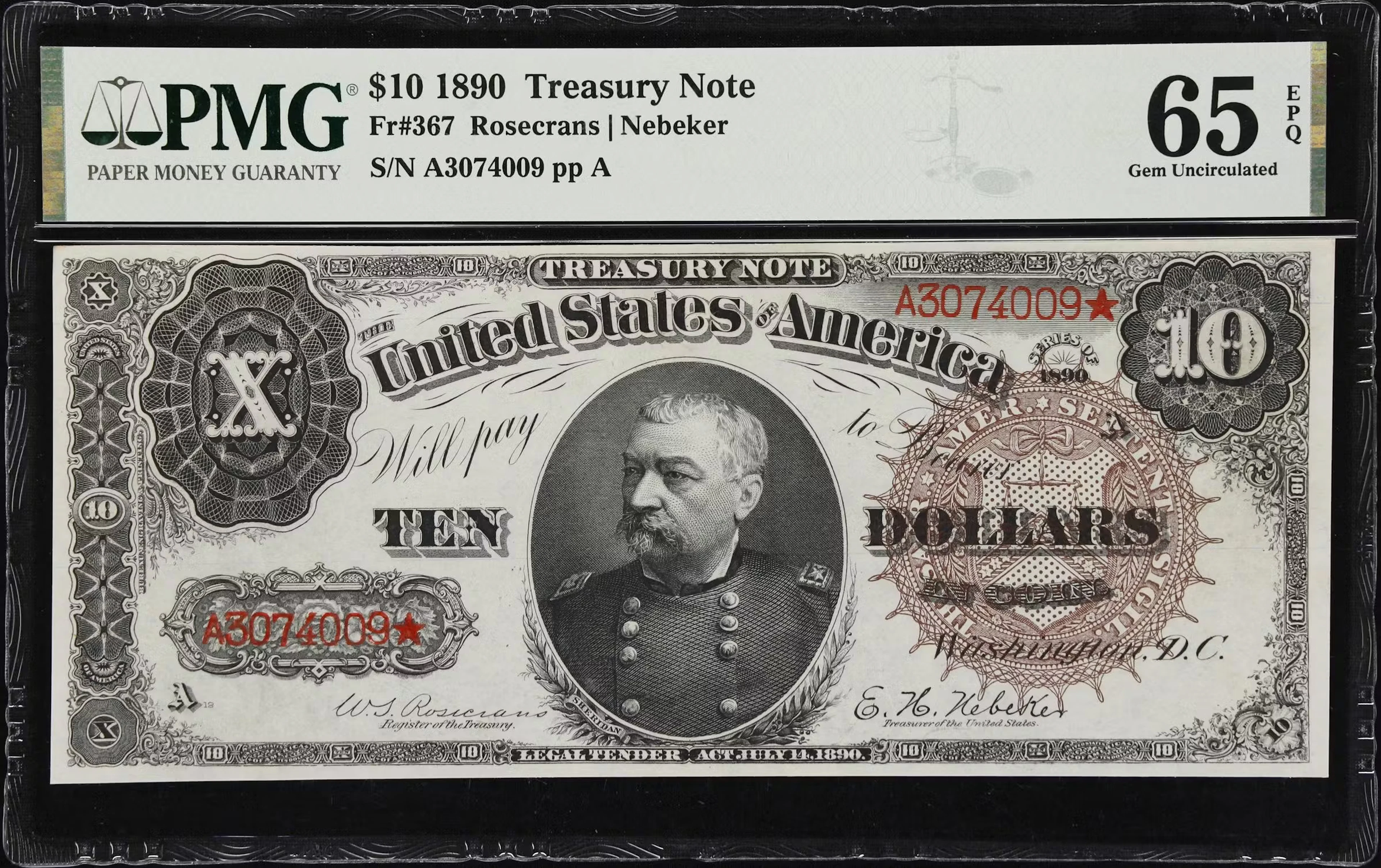 Fr. 367. 1890 $10 Treasury Note. PMG Gem Uncirculated 65 EPQ.