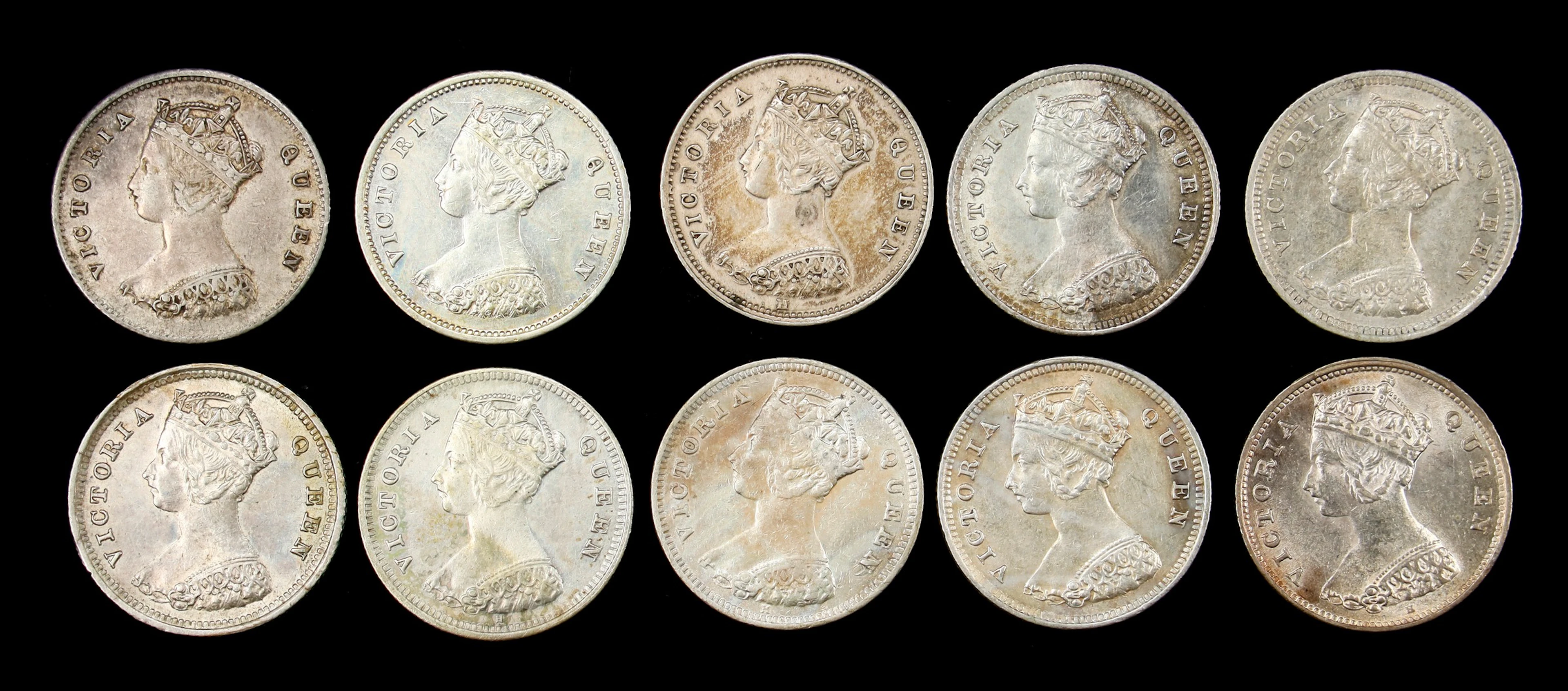 (t) HONG KONG (SAR). Group of 10 Cents (10 Pieces), 1868-1900. Victoria.