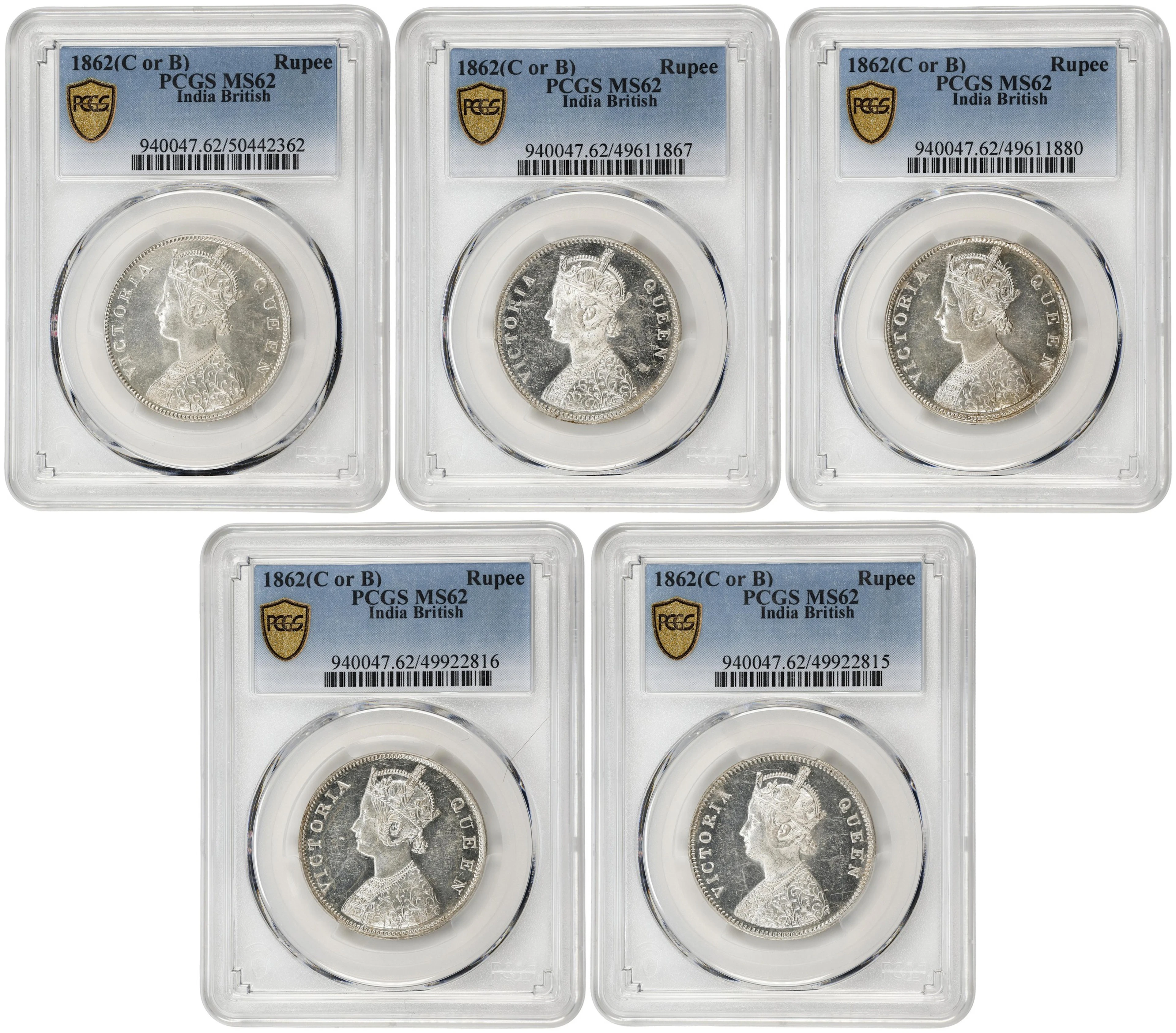 INDIA. Quintet of Rupees (5 Pieces), 1862-(B). Bombay Mint. Victoria.