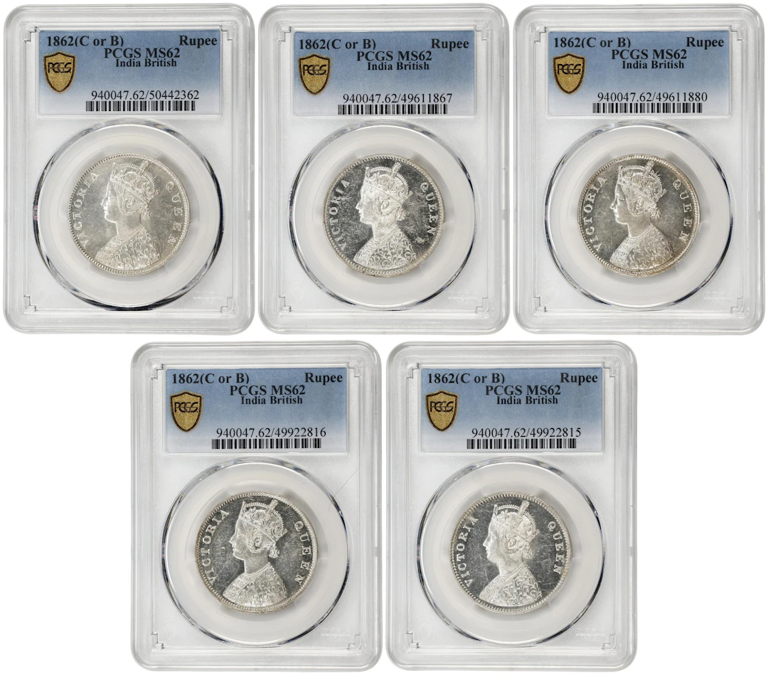 INDIA. Quintet of Rupees (5 Pieces), 1862-(B). Bombay Mint. Victoria.