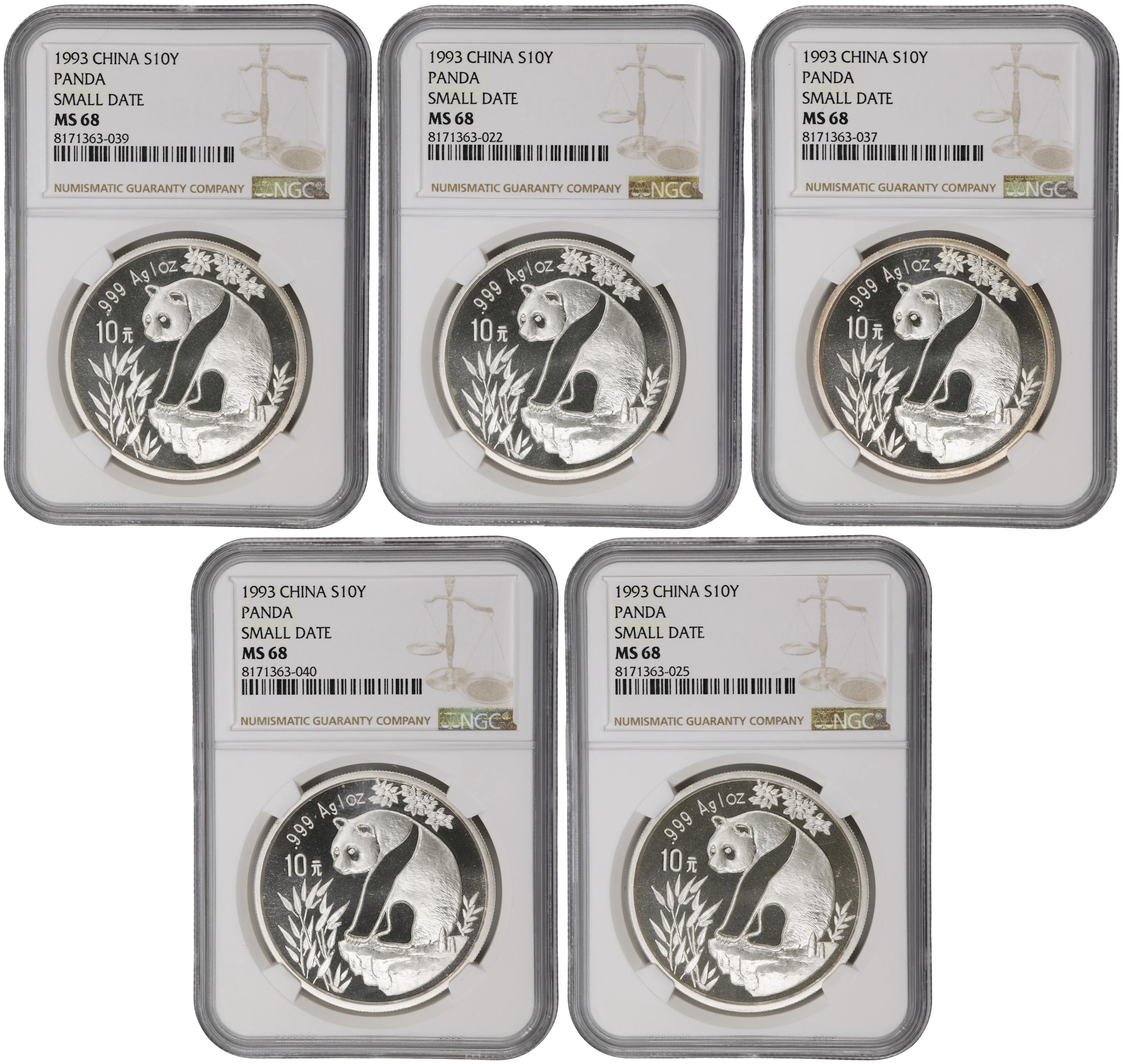 (t) CHINA. Quintet of Silver 10 Yuan (5 Pieces), 1993. Panda Series.