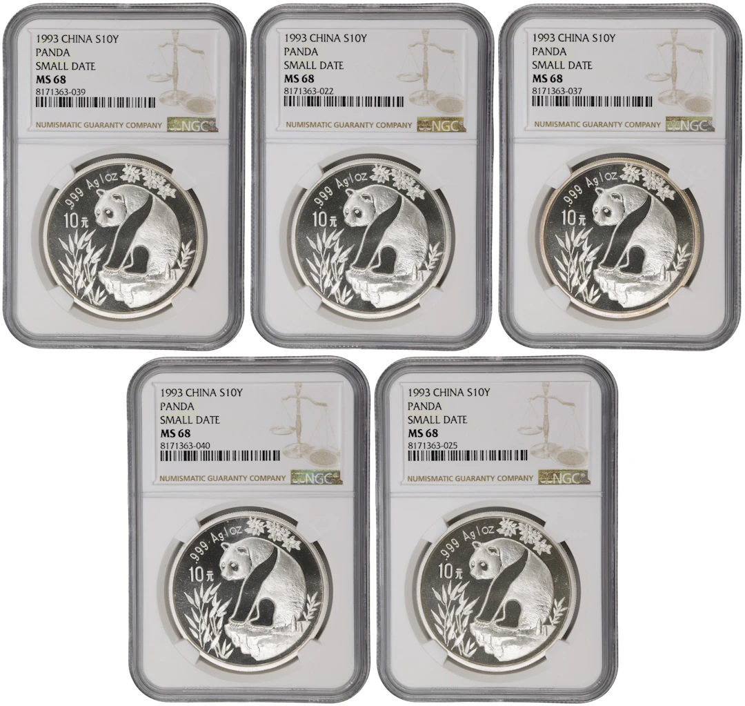 (t) CHINA. Quintet of Silver 10 Yuan (5 Pieces), 1993. Panda Series.
