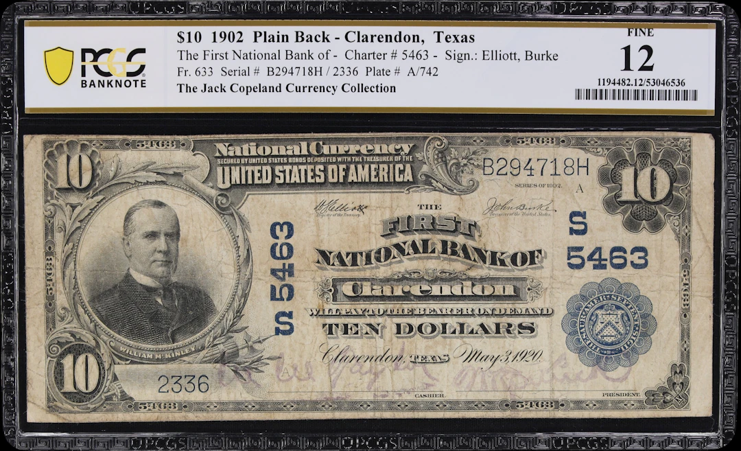 Clarendon, Texas. $10 1902 Plain Back. Fr. 633. First NB. Charter