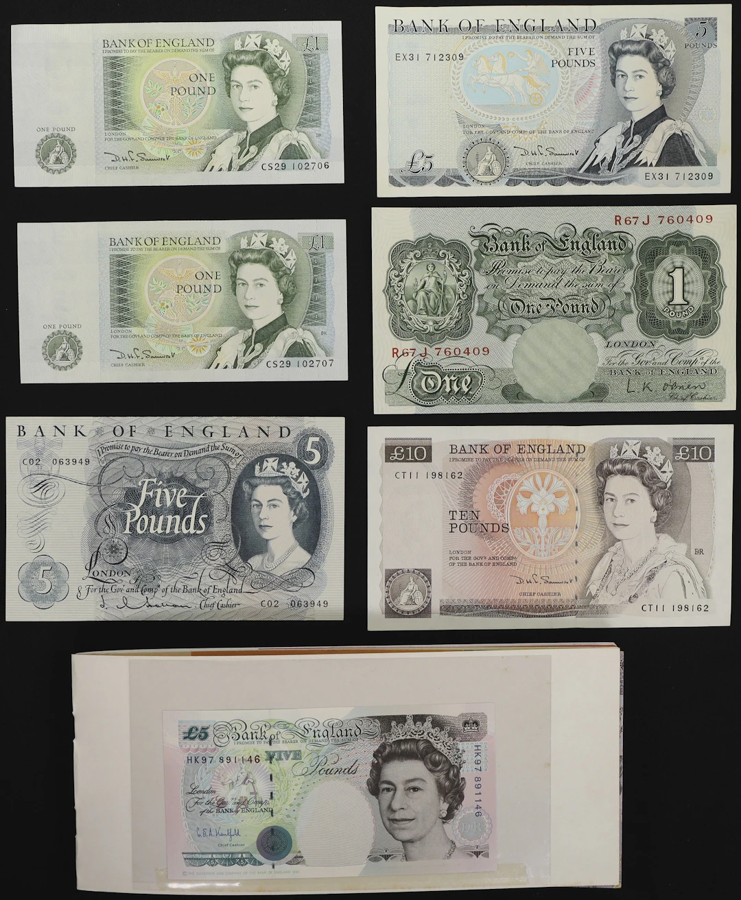 GREAT BRITAIN. Lot of (7). Bank of England. 1, 5, & 10 Pounds, ND