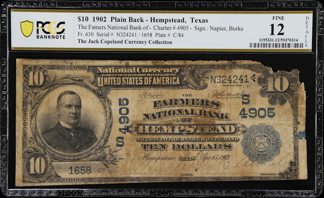 Hempstead, Texas. $10 1902 Plain Back. Fr. 630. Farmers NB. Charter