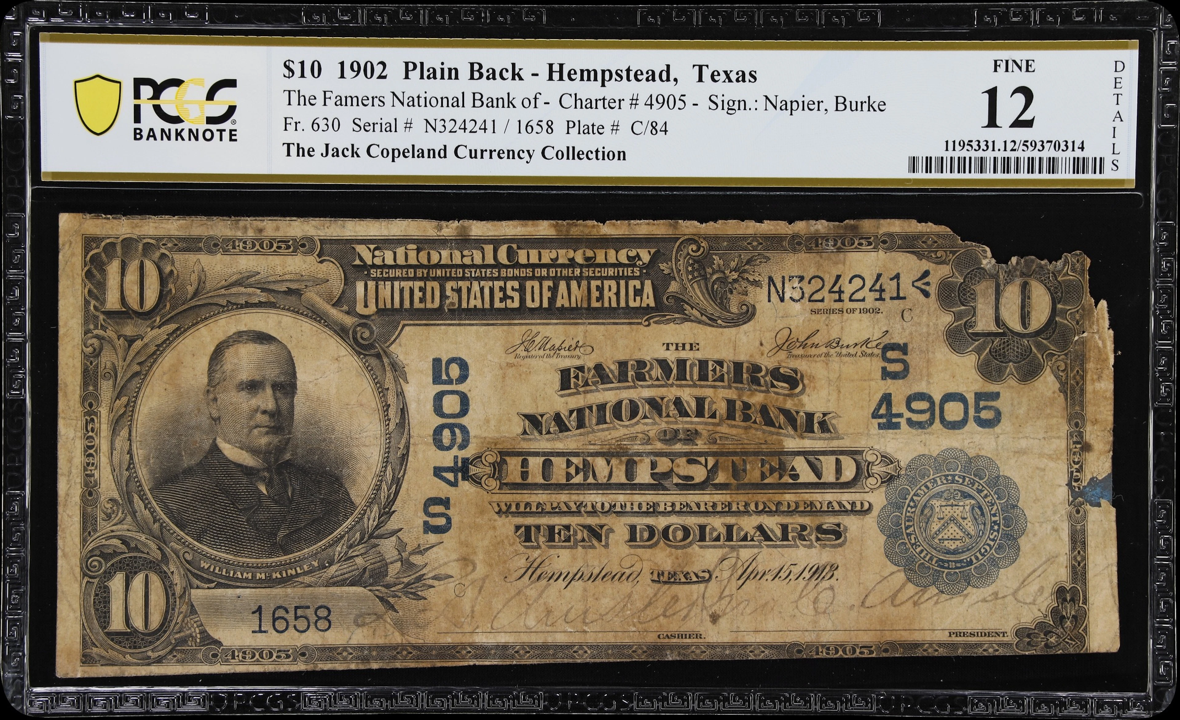 Hempstead, Texas. $10 1902 Plain Back. Fr. 630. Farmers NB. Charter