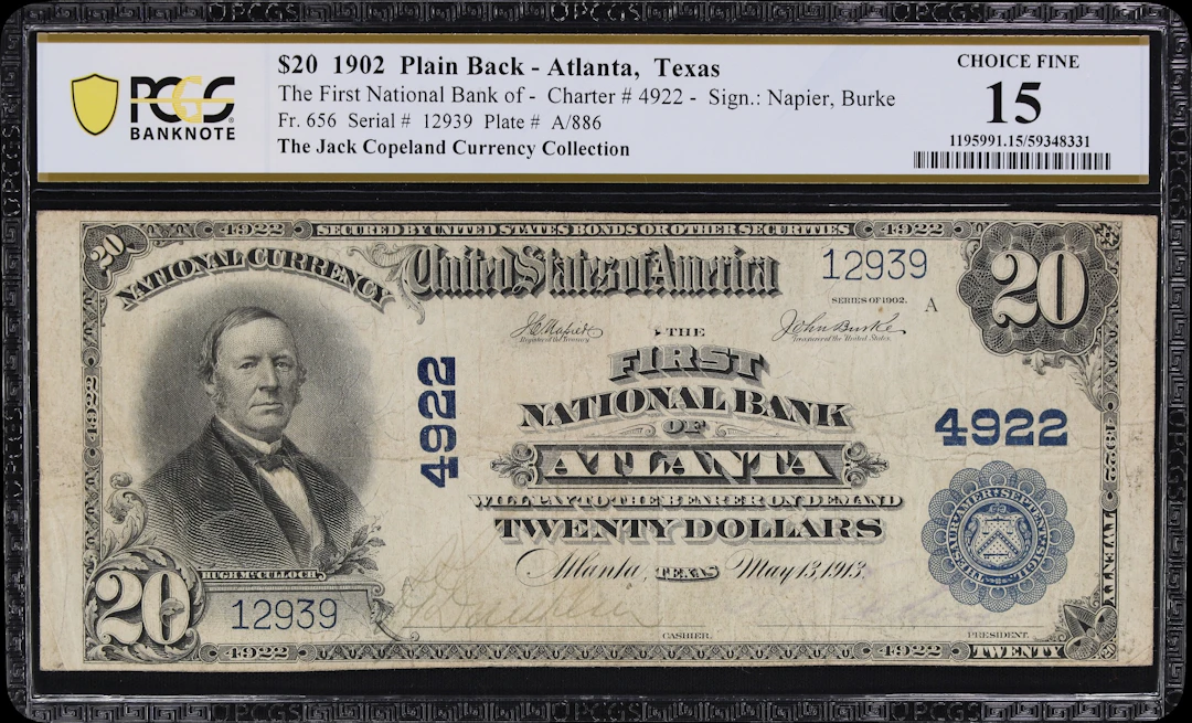 Atlanta, Texas. $20 1902 Plain Back. Fr. 656. First NB. Charter #4922.