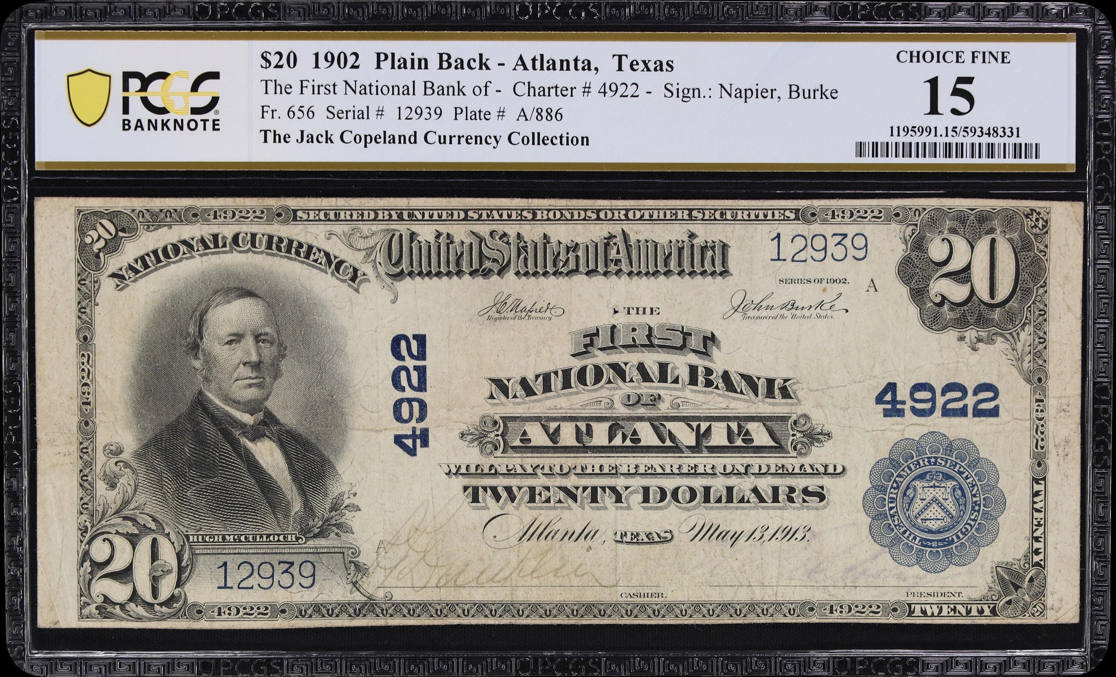 Atlanta, Texas. $20 1902 Plain Back. Fr. 656. First NB. Charter #4922.