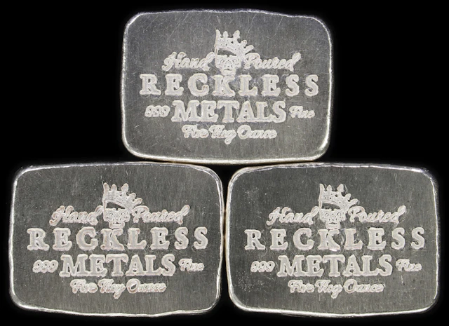 (15 oz, 466.56 g ASW). Lot of (3) Reckless Metals 5 oz Silver Bars.
