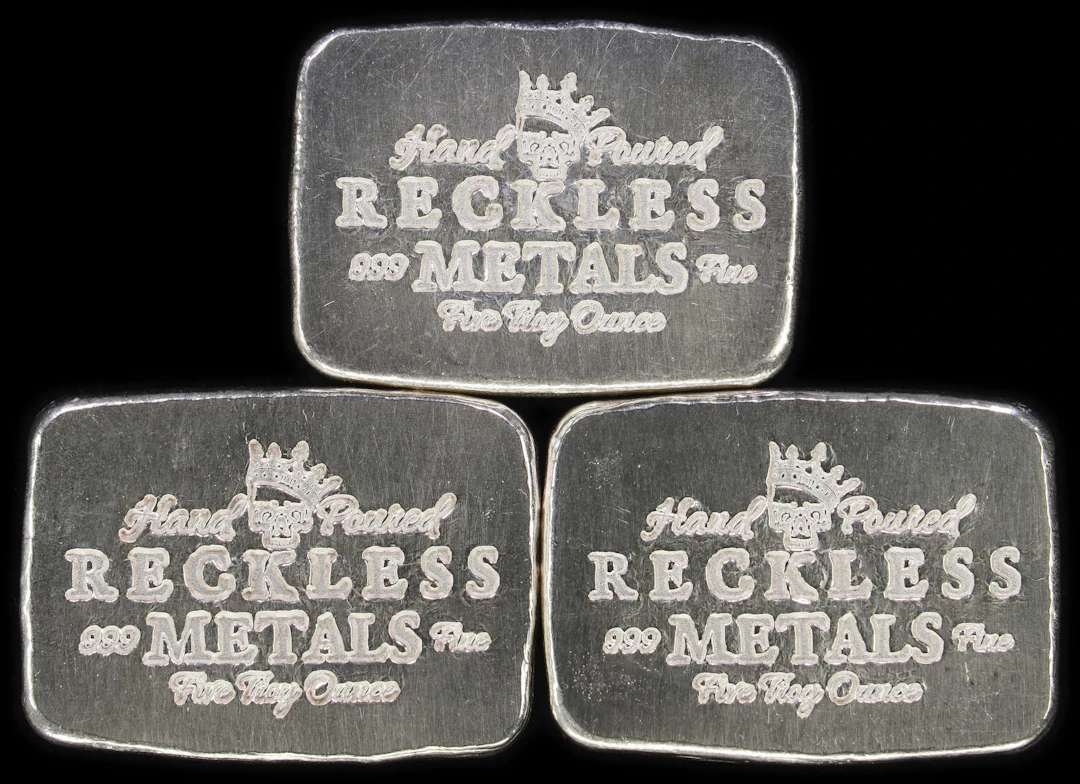 (15 oz, 466.56 g ASW). Lot of (3) Reckless Metals 5 oz Silver Bars.
