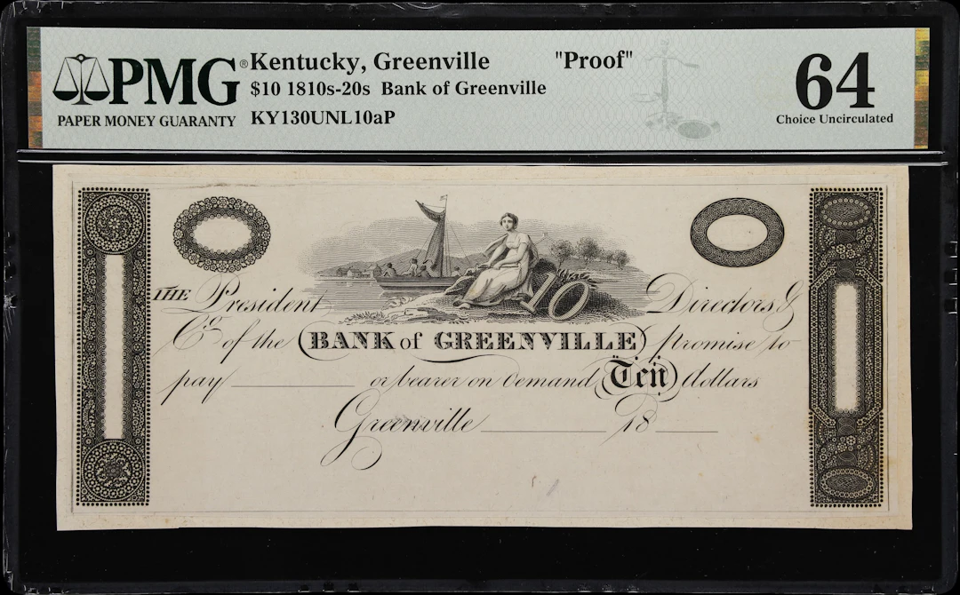 Greenville, Kentucky. Bank of Greenville. 18xx $10. PMG Choice Uncirculated