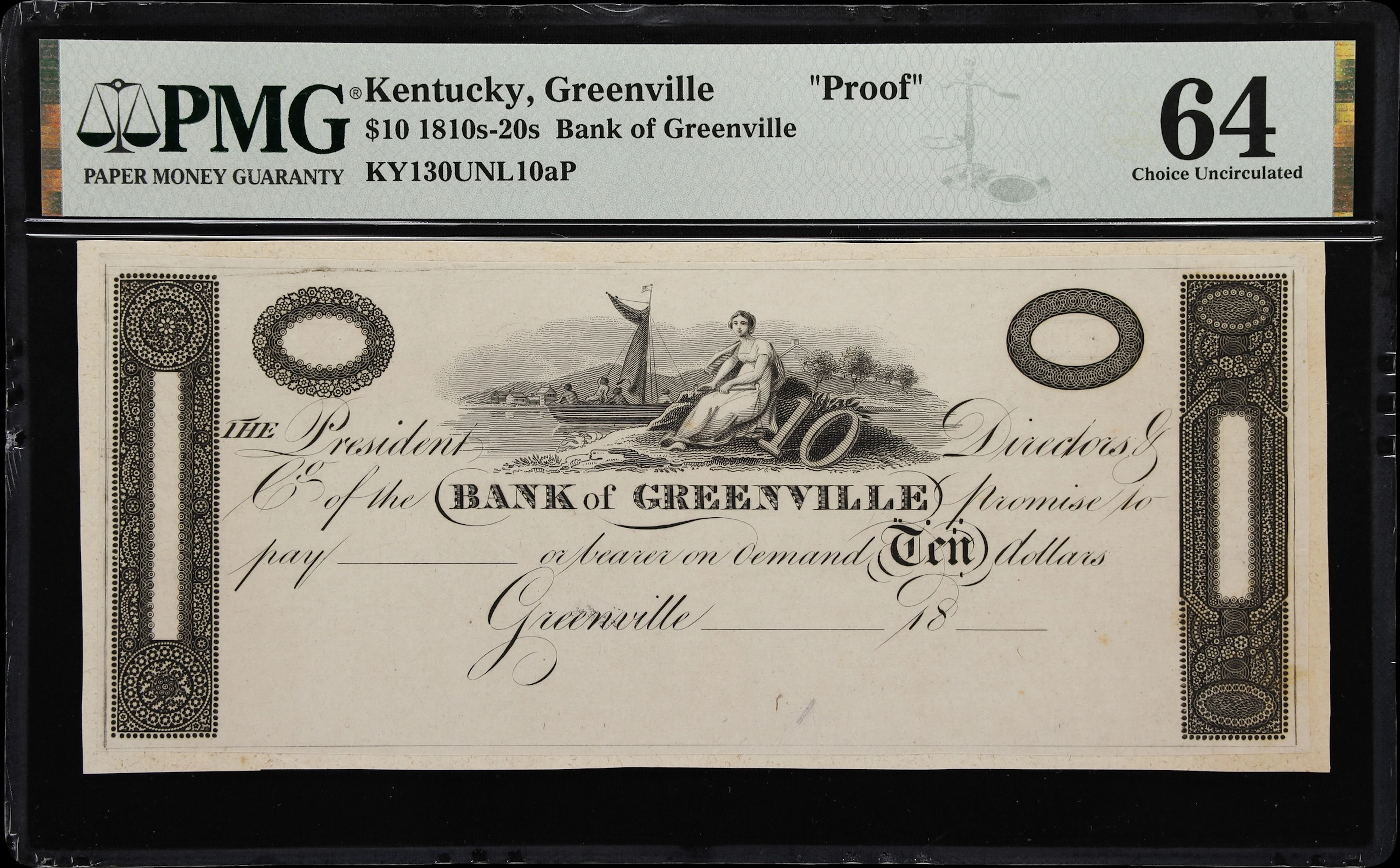 Greenville, Kentucky. Bank of Greenville. 18xx $10. PMG Choice Uncirculated