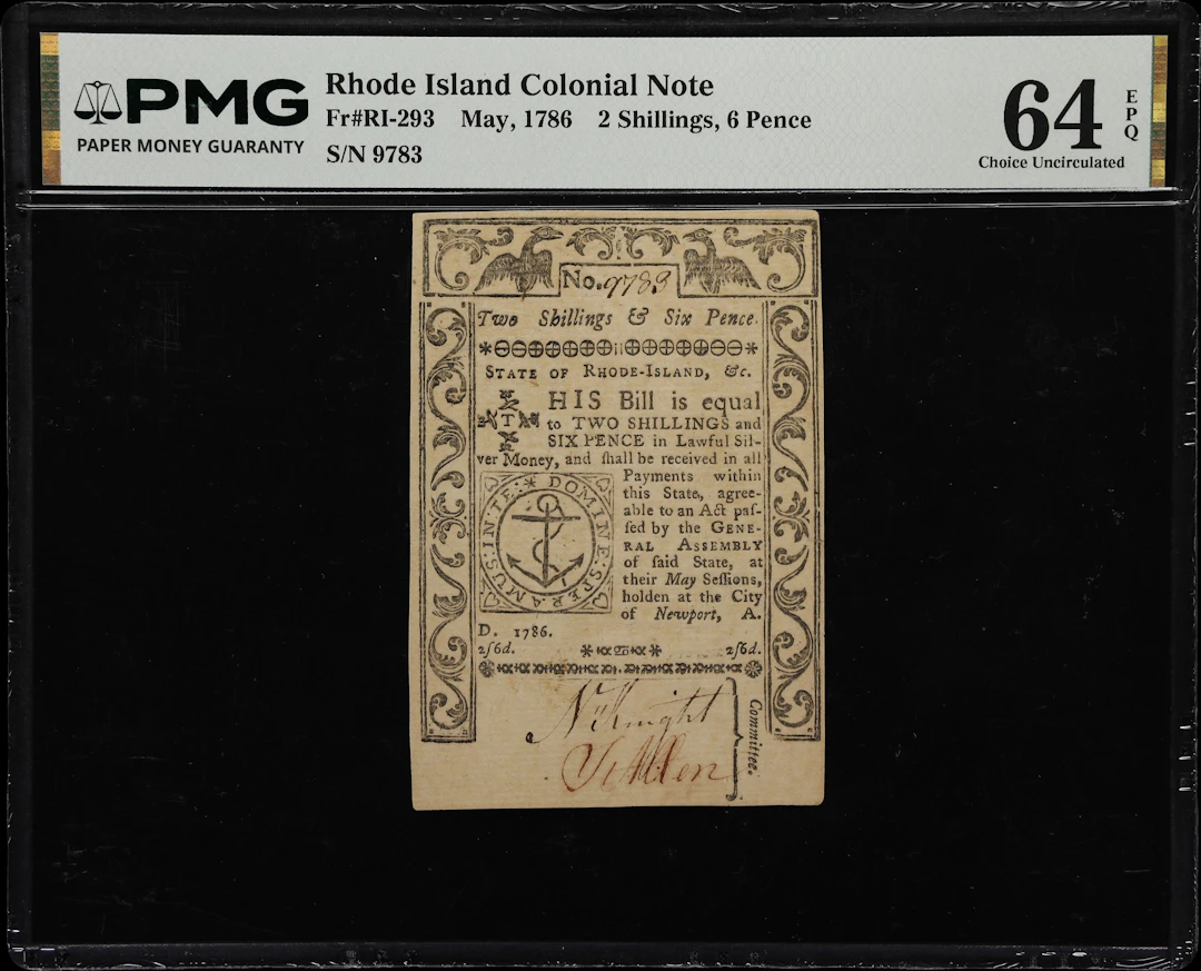 RI-293. Rhode Island. May, 1786. 2 Shillings, 6 Pence. PMG Choice