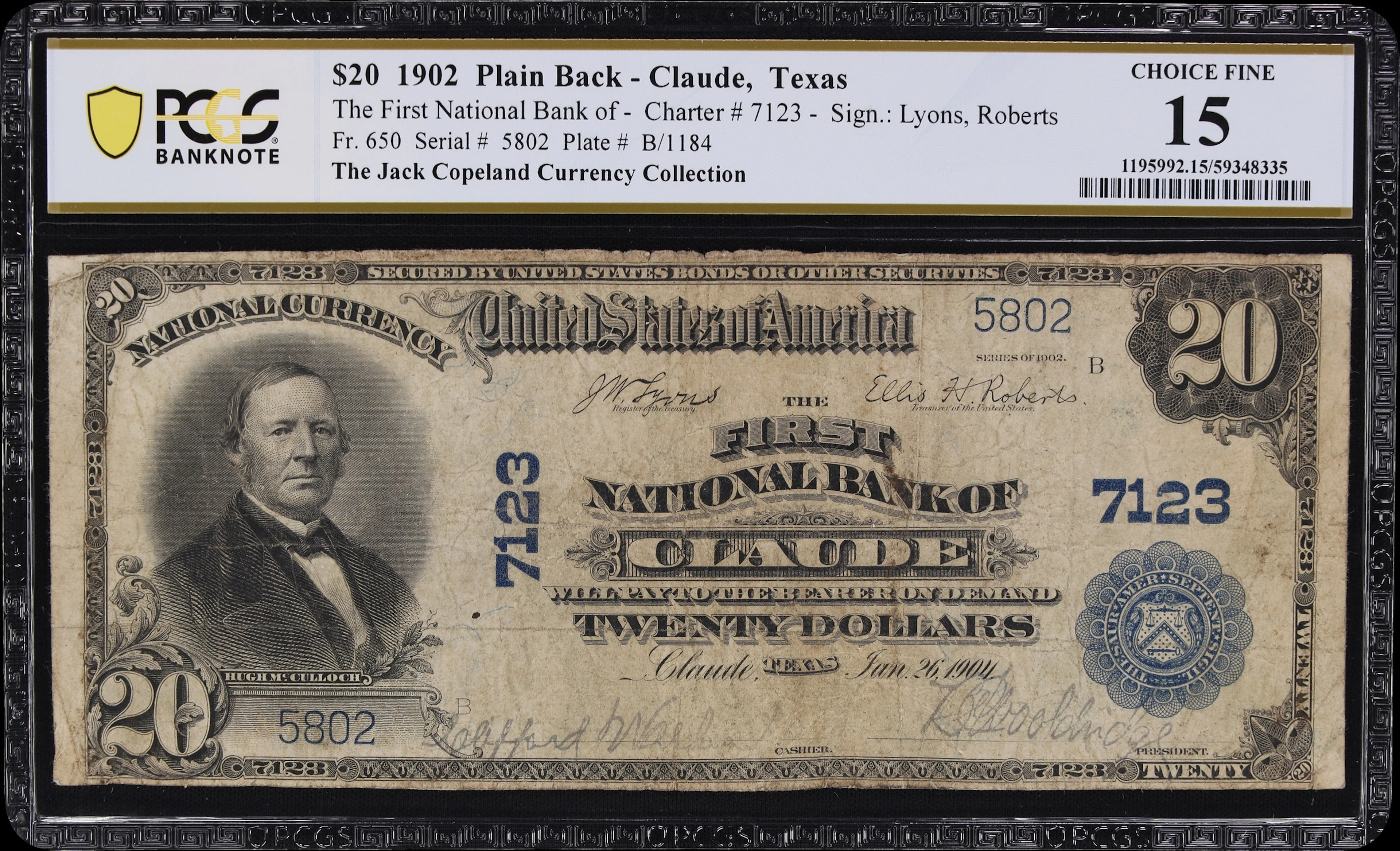 Claude, Texas. $20 1902 Plain Back. Fr. 650. First NB. Charter #7123.