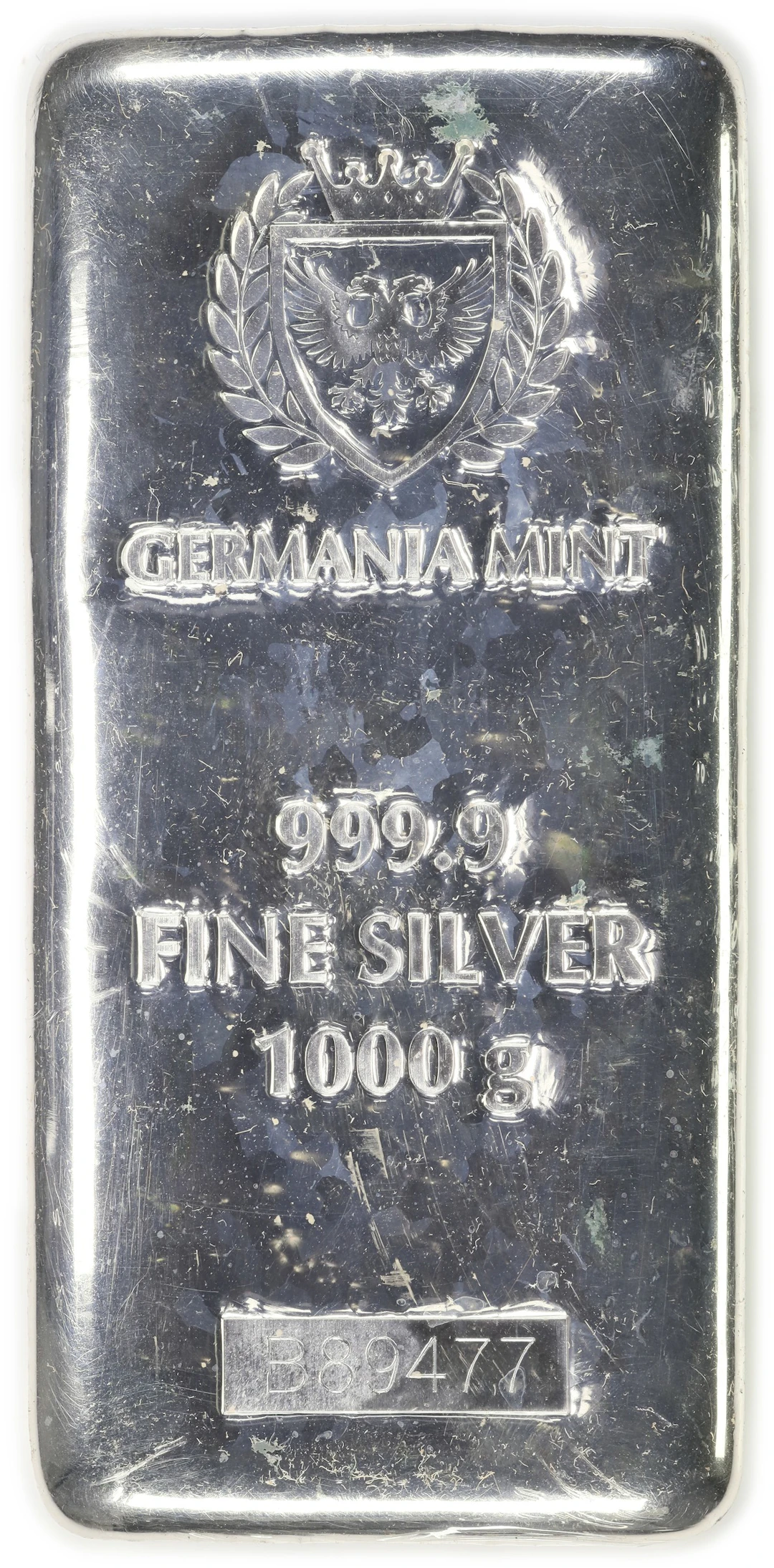 (32.151 oz, 1000 g ASW). Germania Mint 1 Kilo Silver Bar.