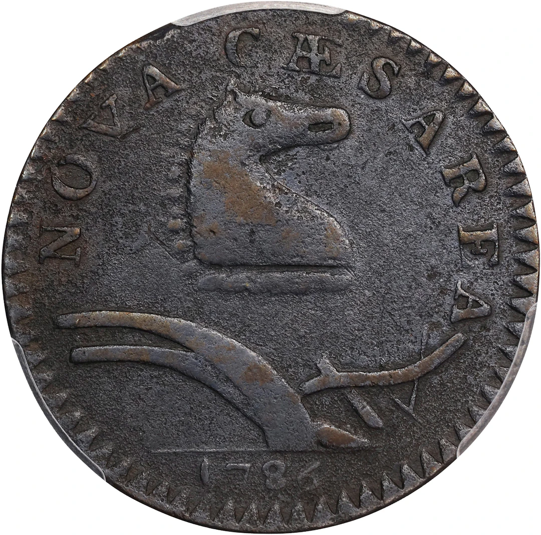 1786 New Jersey Copper. Maris 24-R, W-4975. Rarity-5. Curved Plow