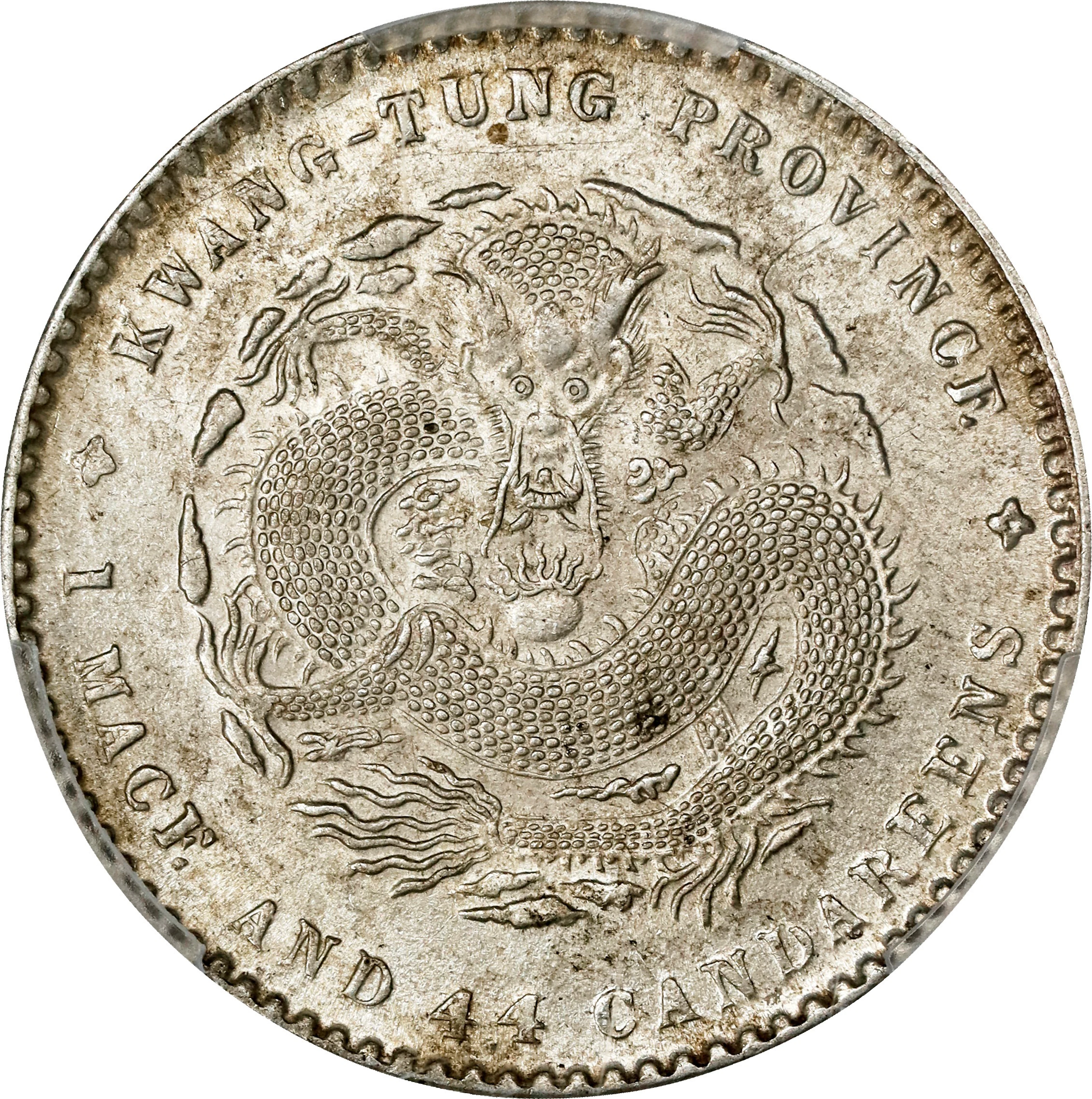 (t) CHINA. Kwangtung. 1 Mace 4.4 Candareens (20 Cents), ND (1909-11).