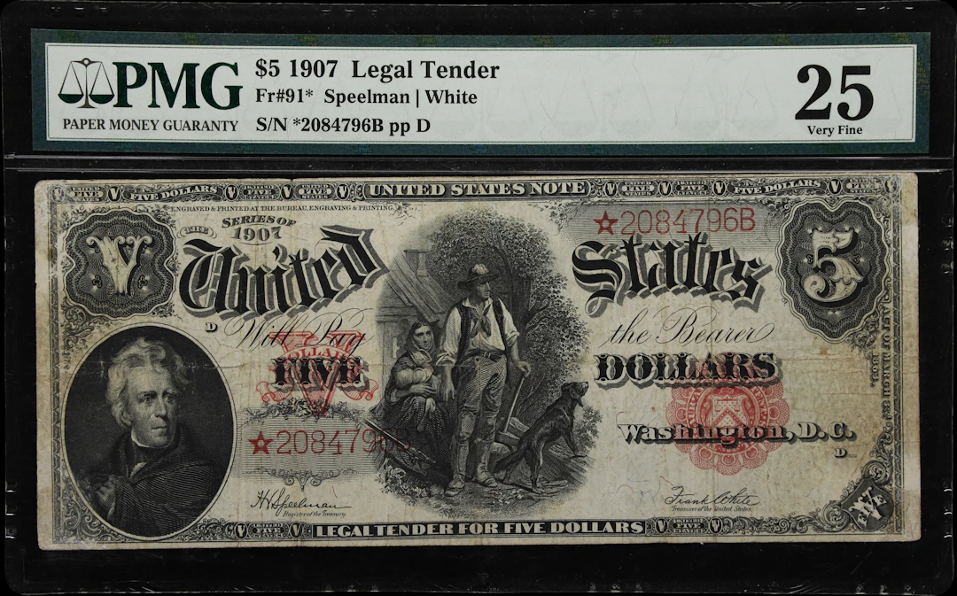 Fr. 91*. 1907 $5 Legal Tender Star Note. PMG Very Fine 25.