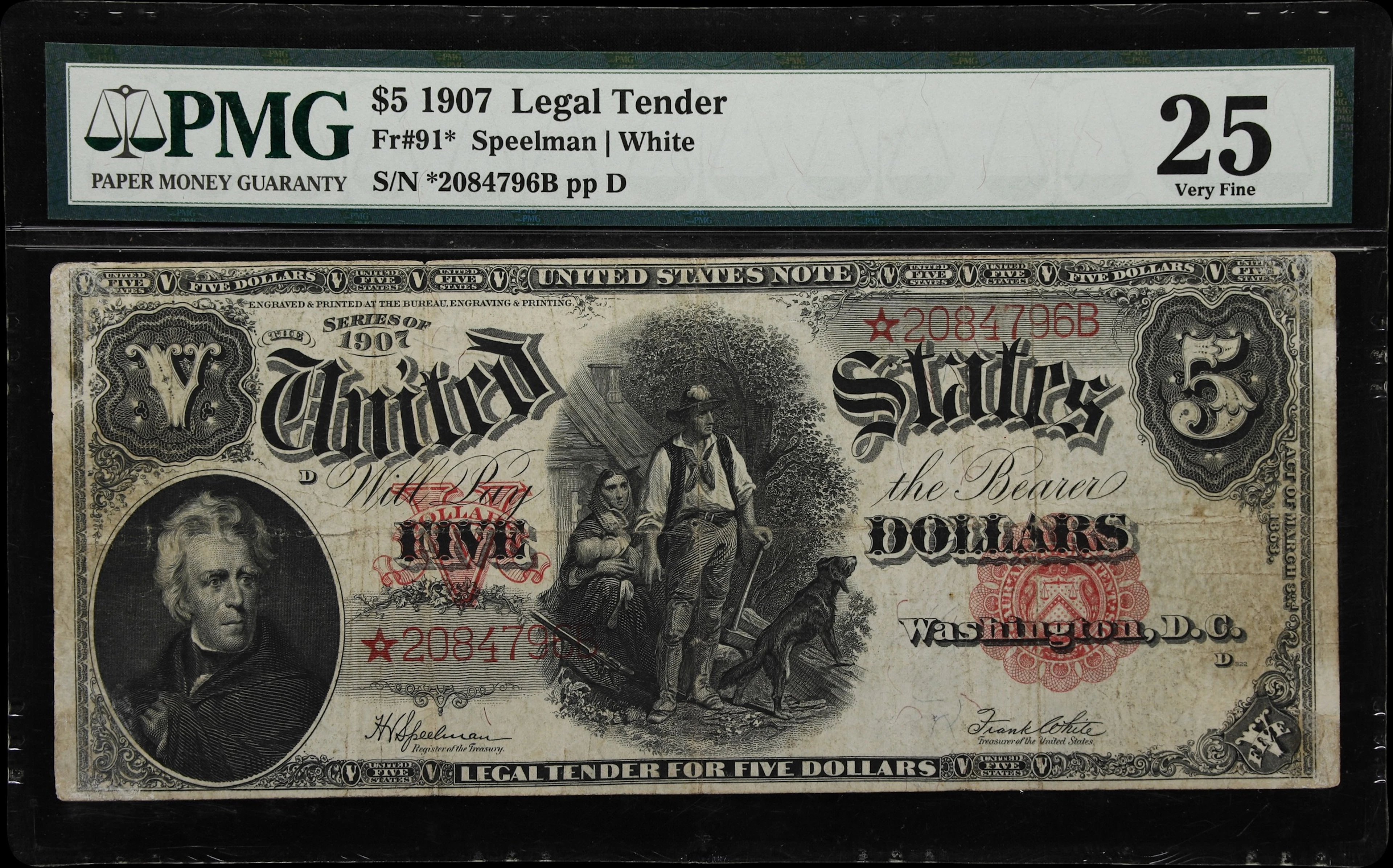 Fr. 91*. 1907 $5 Legal Tender Star Note. PMG Very Fine 25.