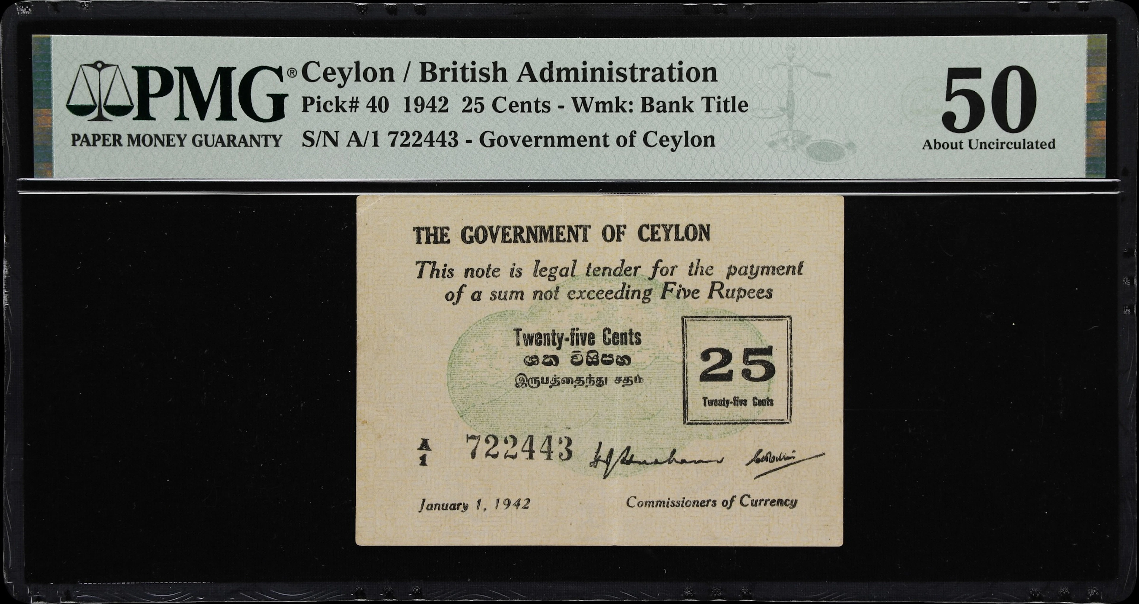 CEYLON. Government of Ceylon. 25 Cents, 1.1.1942. P-40. PMG About