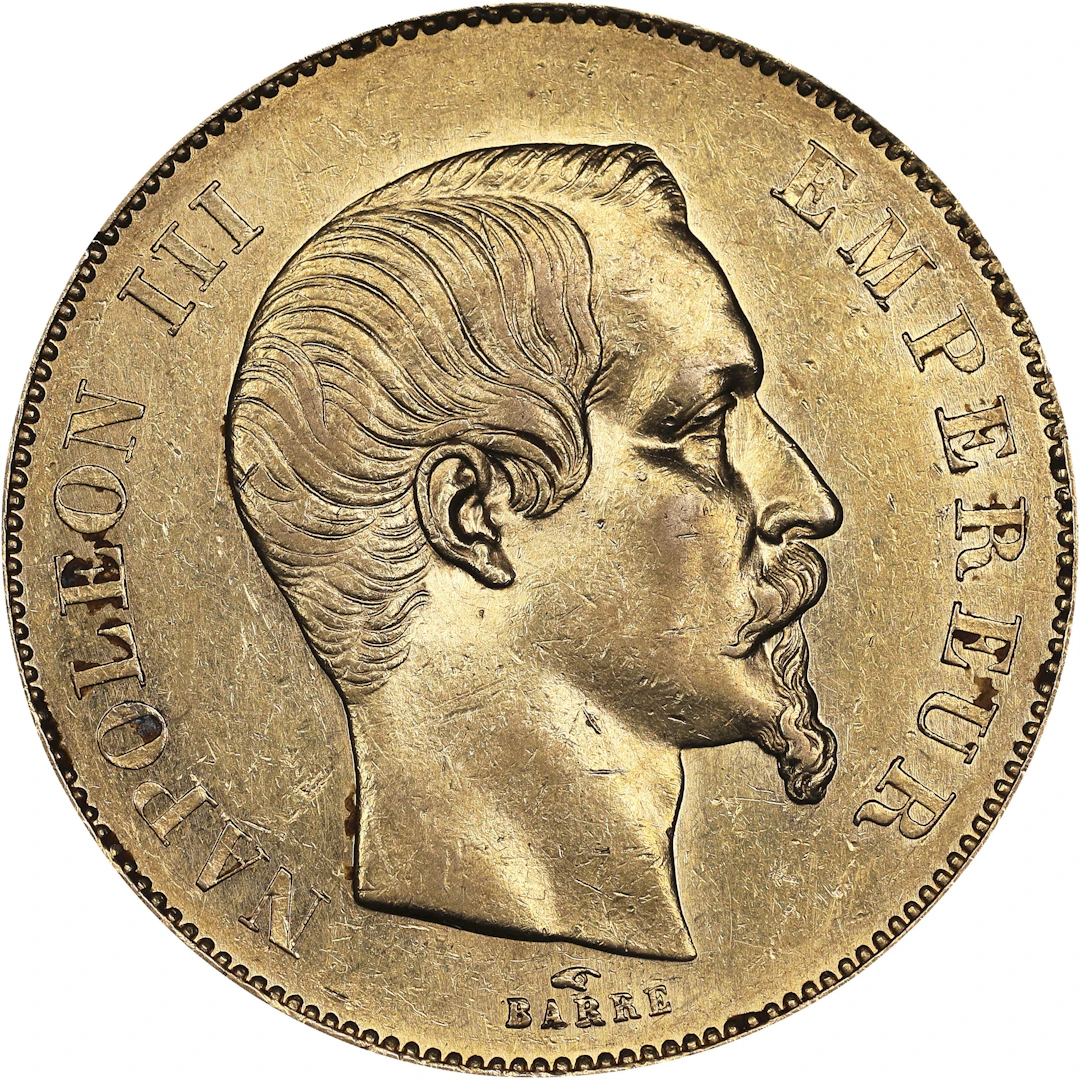(0.467 oz, 14.526 g AGW). France. 1855-A Gold 50 Francs.