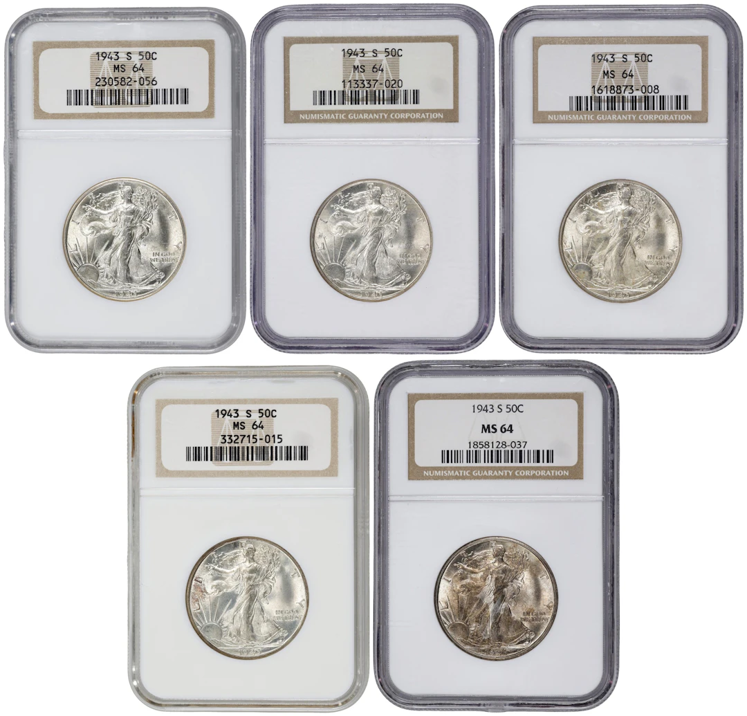 Lot of (5) 1943-S Walking Liberty Half Dollars. MS-64 (NGC).