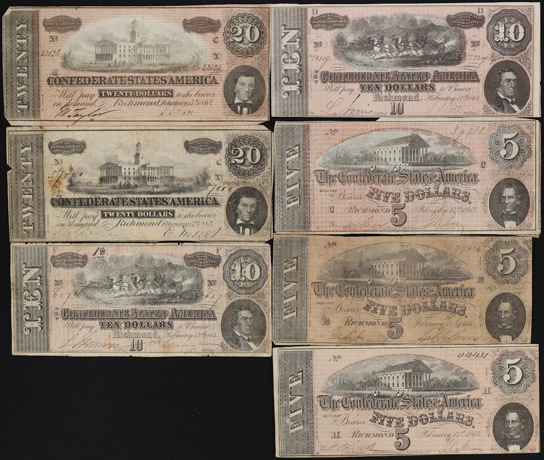Lot of (7) T-67, T-68, & T-69. Confederate Currency. 1864 $5, $10