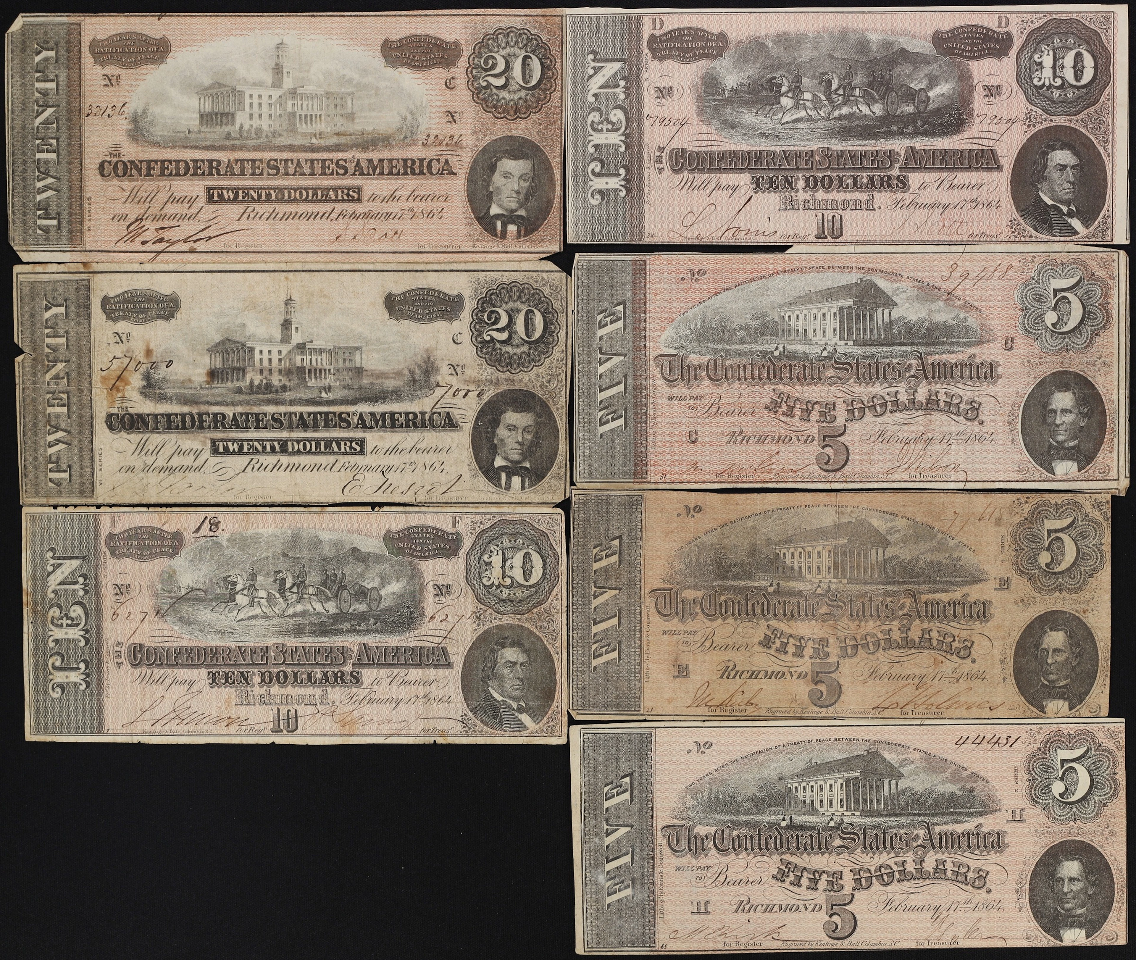 Lot of (7) T-67, T-68, & T-69. Confederate Currency. 1864 $5, $10