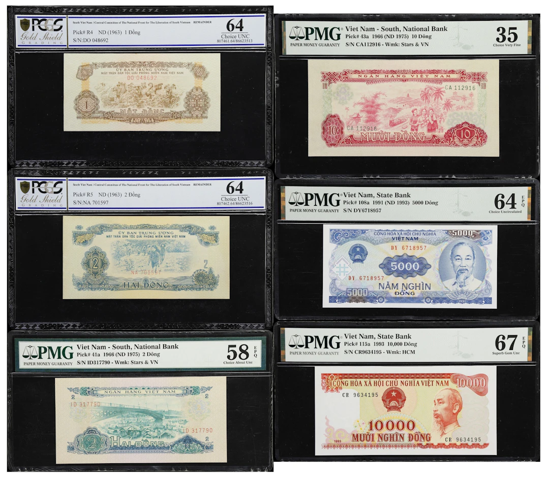 VIETNAM, SOUTH. Lot of (6). Mixed Banks. 1, 2, 10, 5000, & 10,000