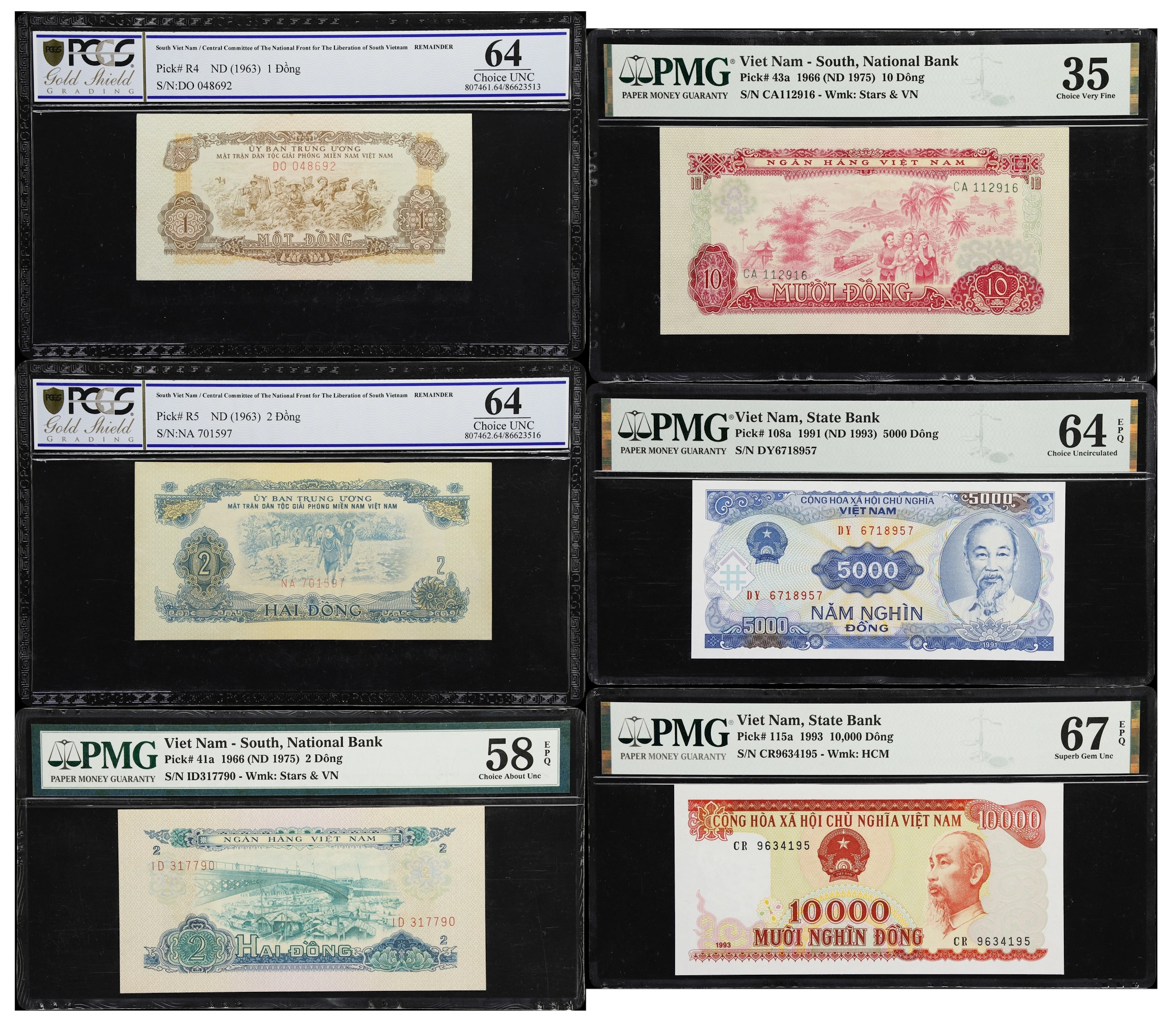 VIETNAM, SOUTH. Lot of (6). Mixed Banks. 1, 2, 10, 5000, & 10,000